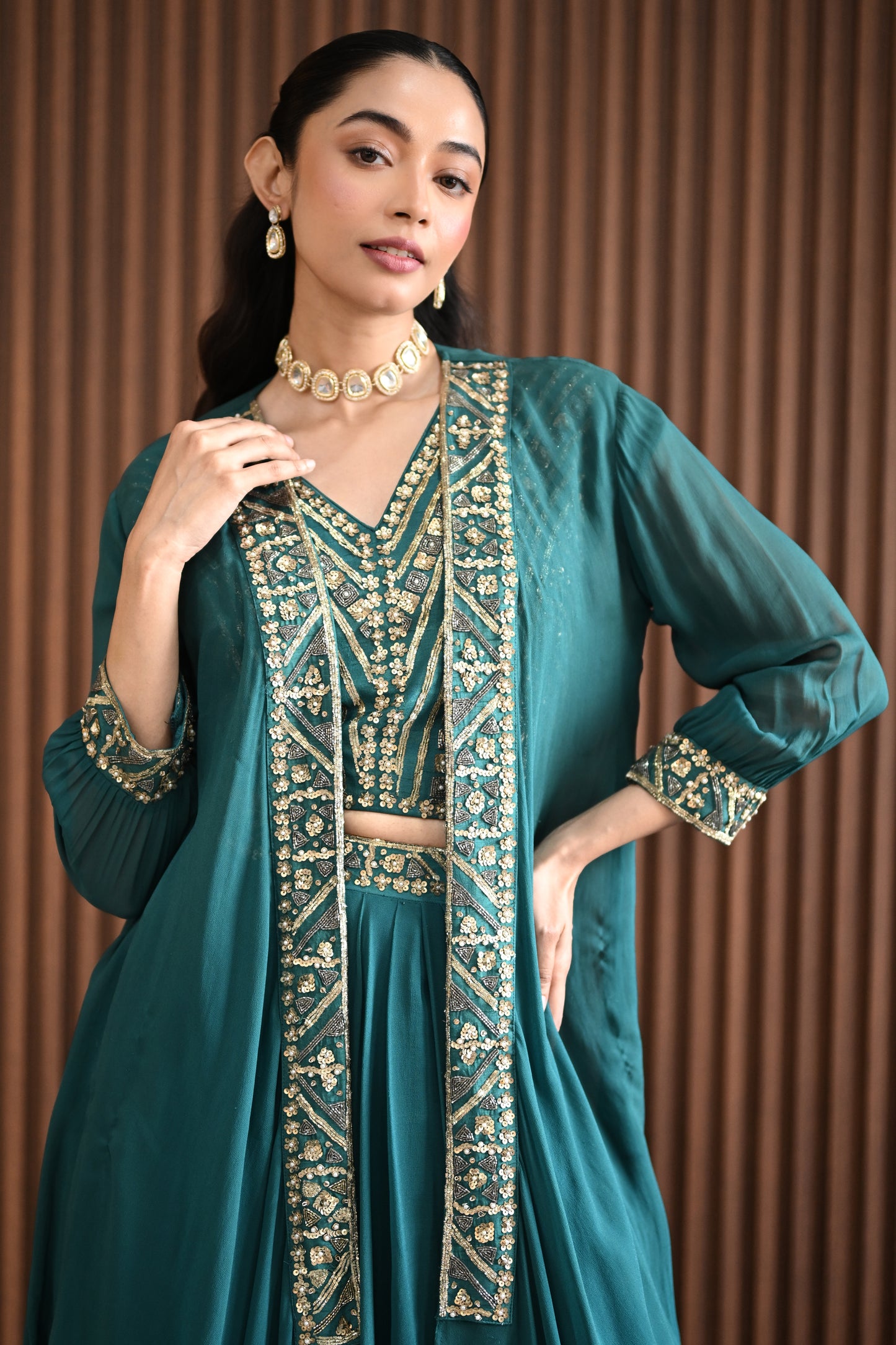 GREEN DRAPED JACKET SET