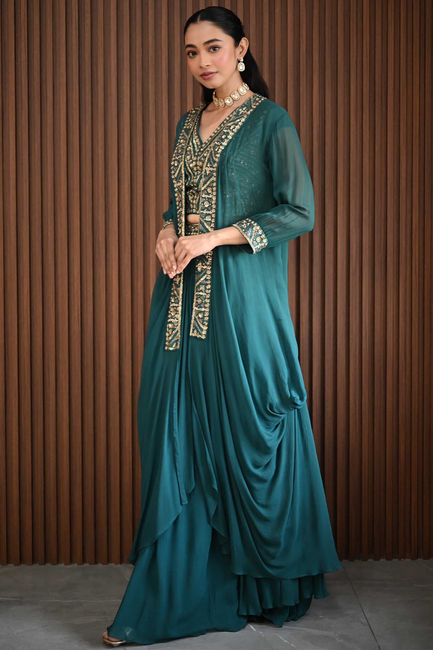 GREEN DRAPED JACKET SET