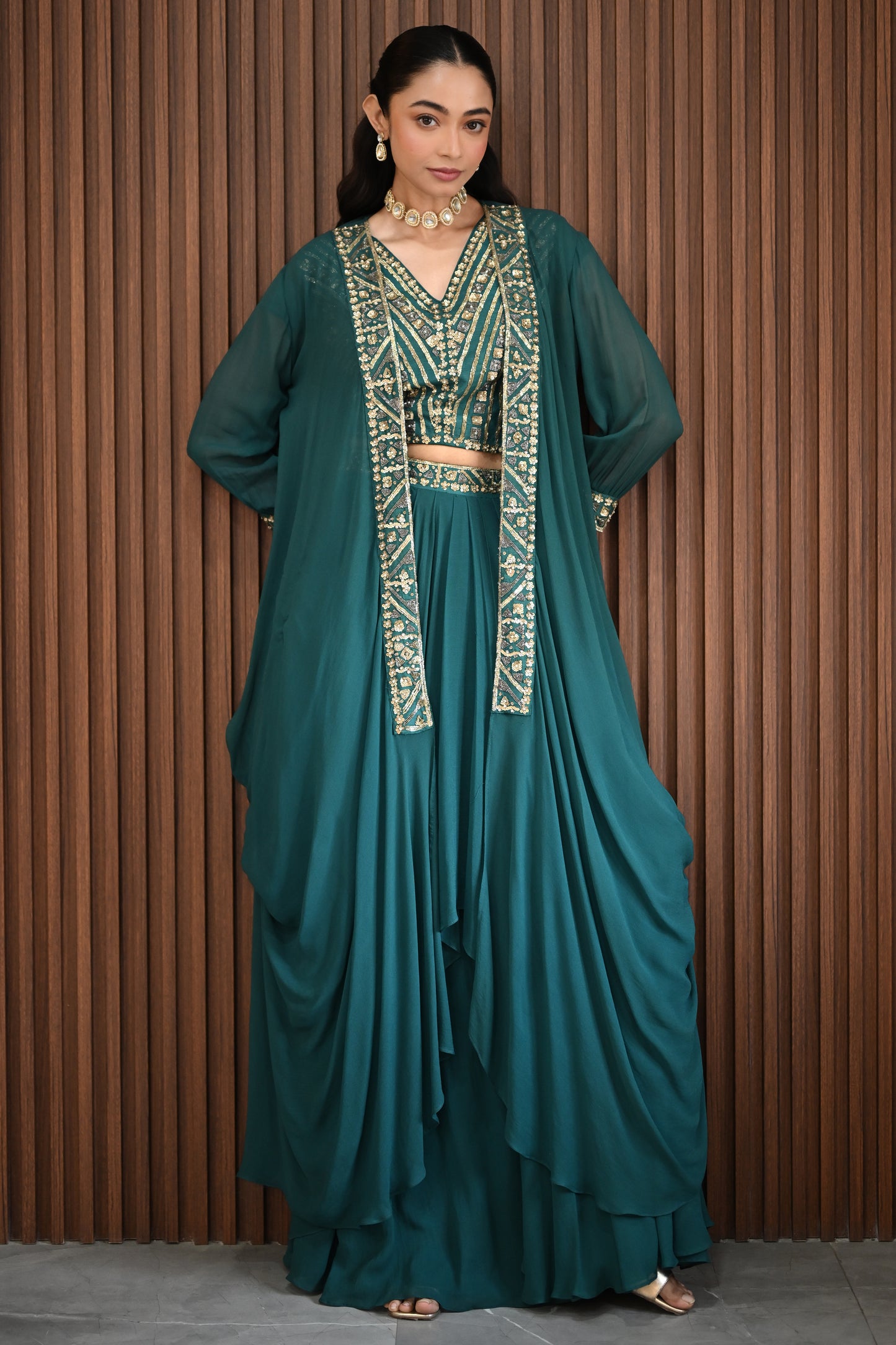 GREEN DRAPED JACKET SET