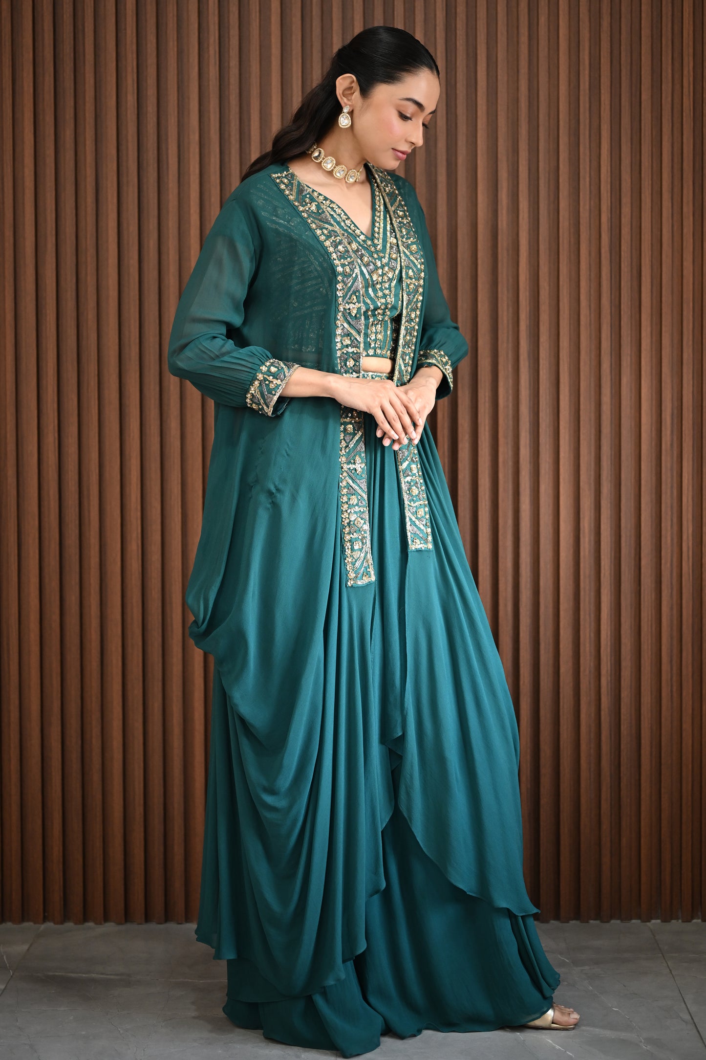 GREEN DRAPED JACKET SET