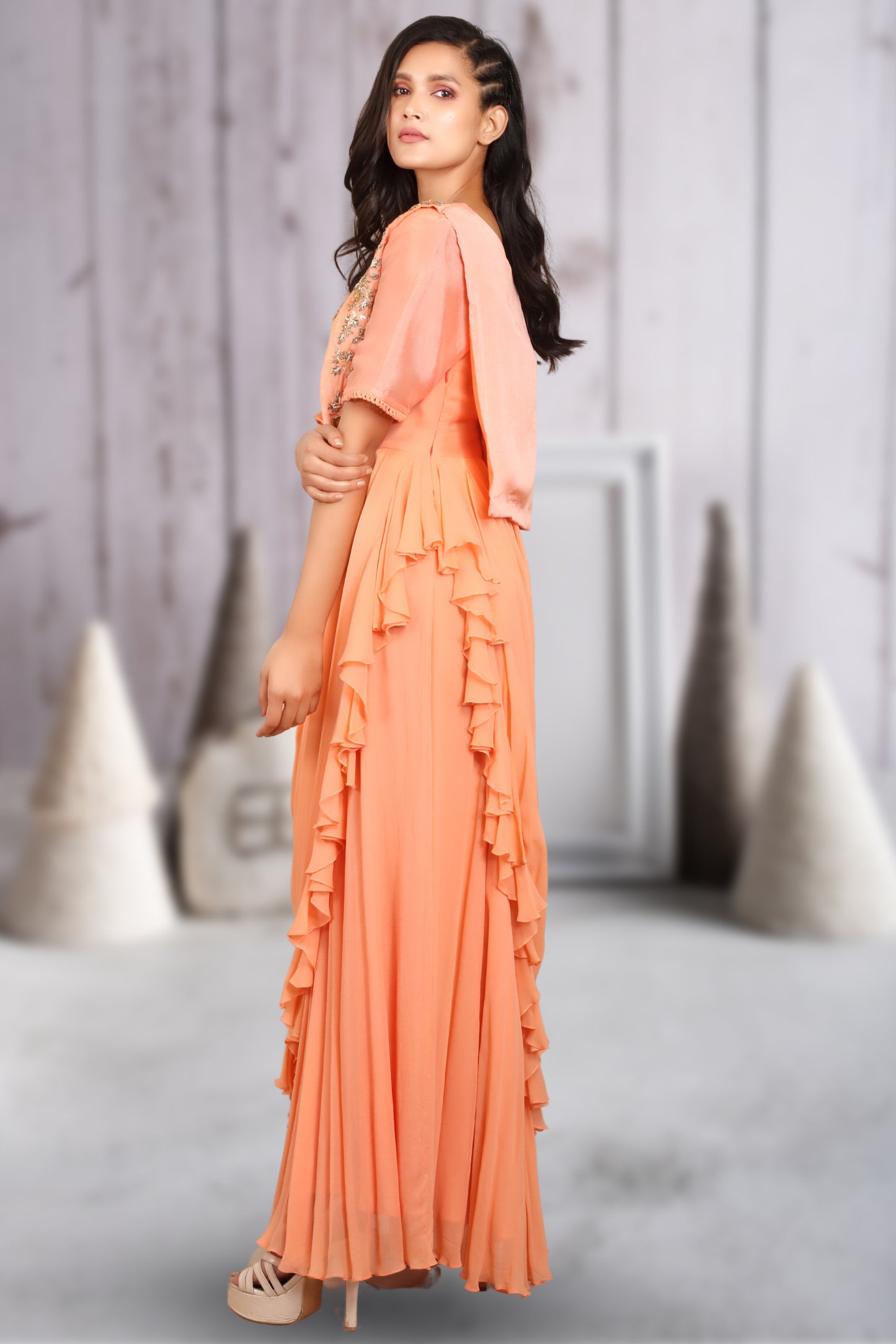 RUFFLED DRAPED LONG INDOWESTERN DRESS
