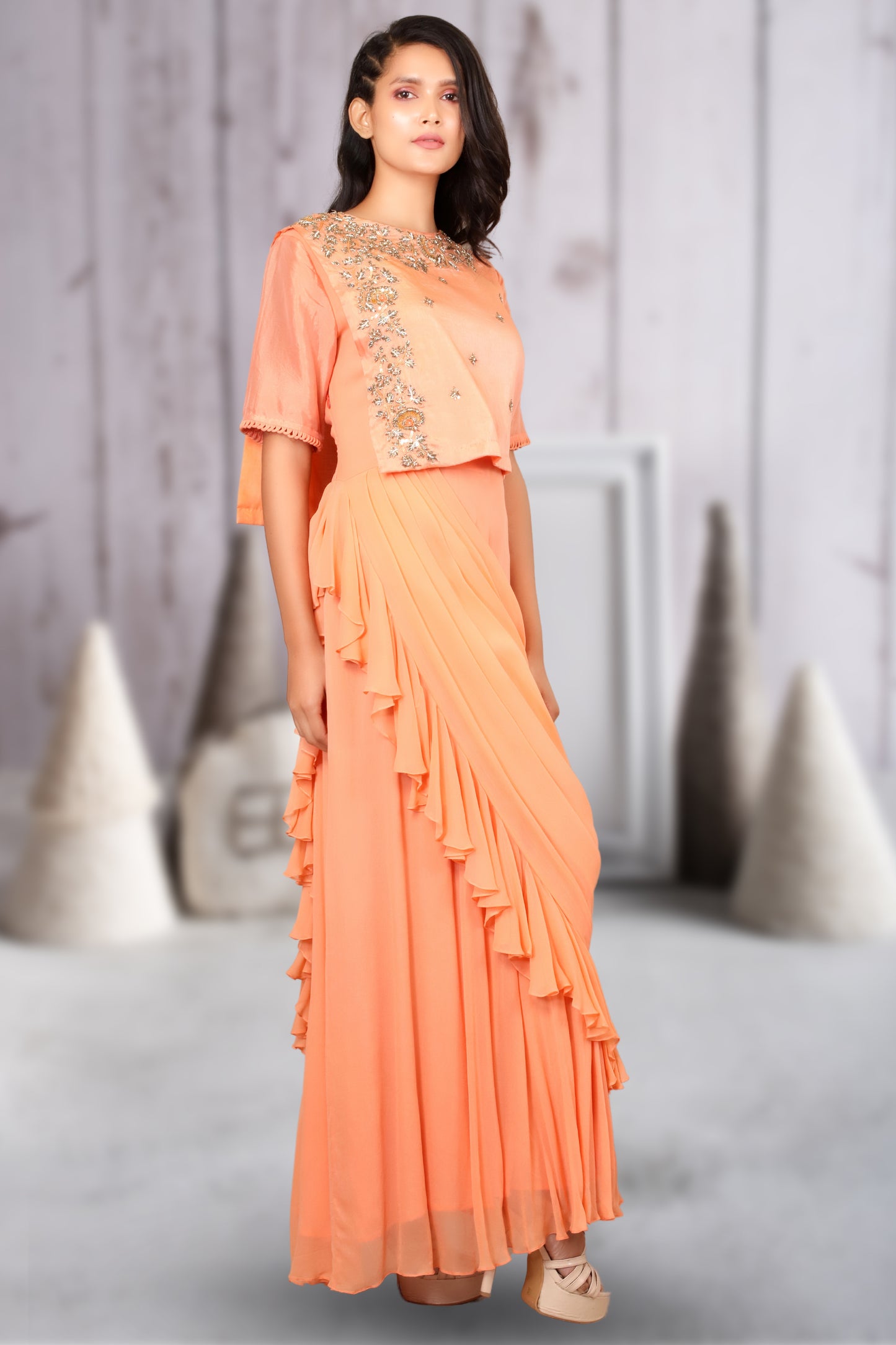 RUFFLED DRAPED LONG INDOWESTERN DRESS