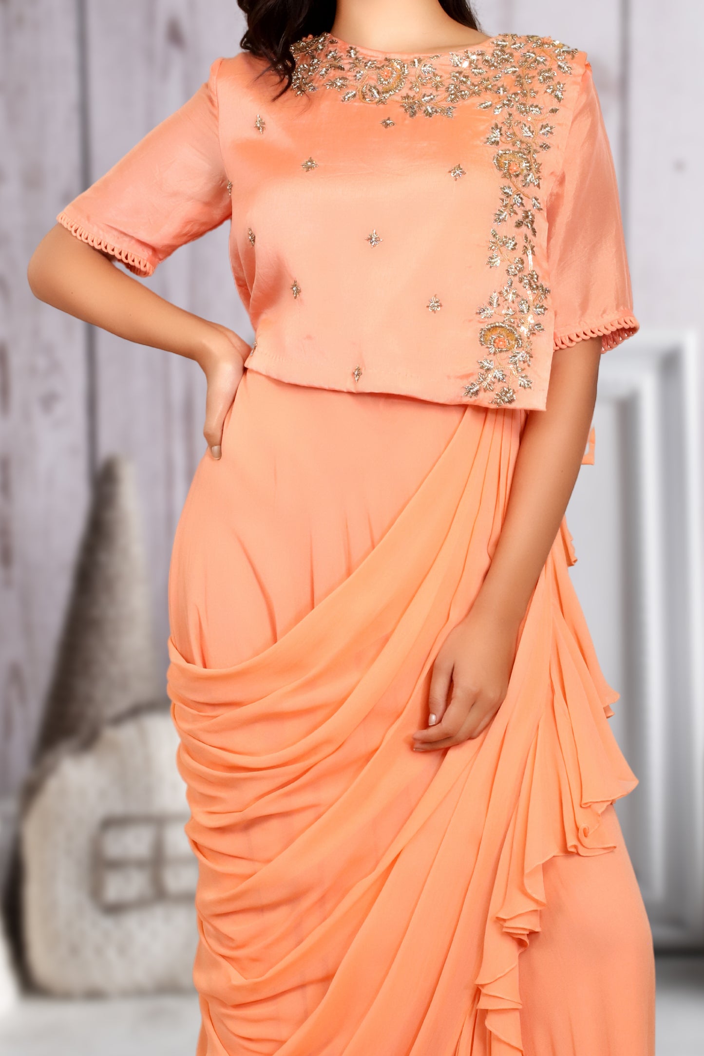 RUFFLED DRAPED LONG INDOWESTERN DRESS