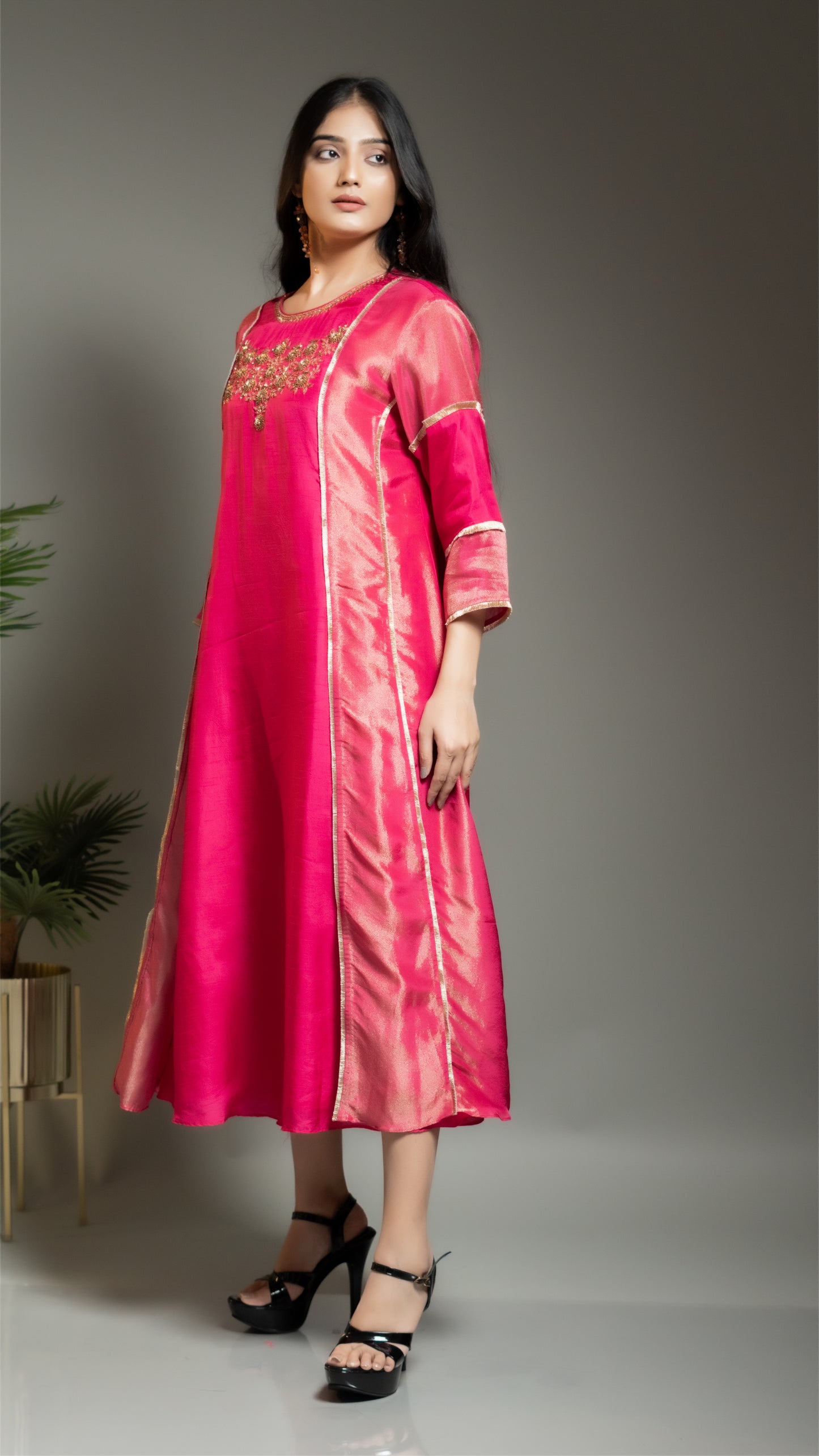 FUSCHIA PINK TISSUE AND SILK A LINE KURTA