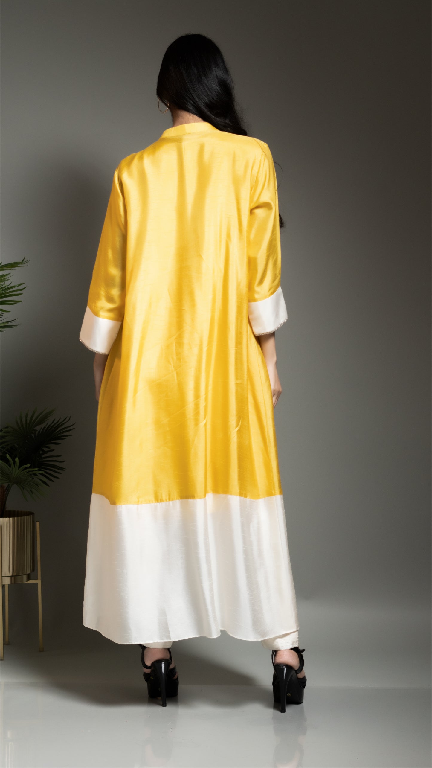 YELLOW EMBROIDERED JACKET WITH CONTRAST PANTS