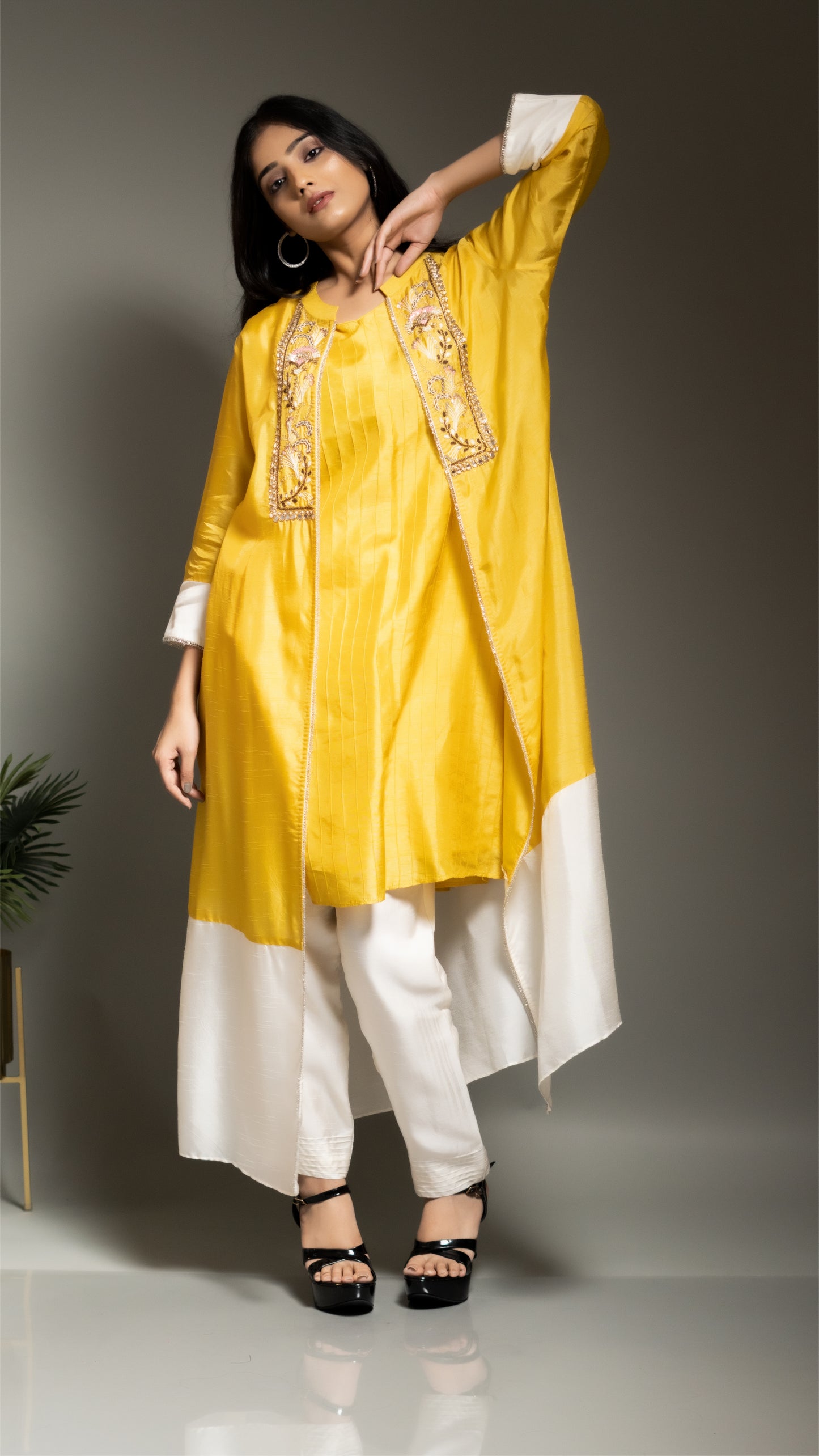 YELLOW EMBROIDERED JACKET WITH CONTRAST PANTS