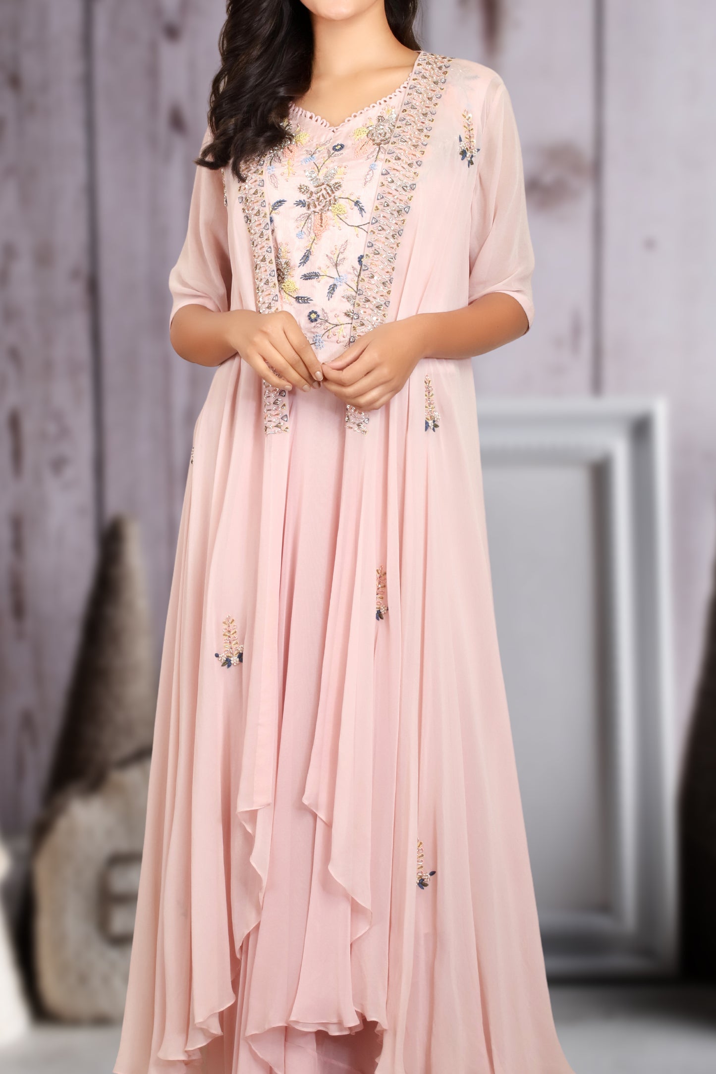 SLEEVE JACKET WITH DRAPED SKIRT