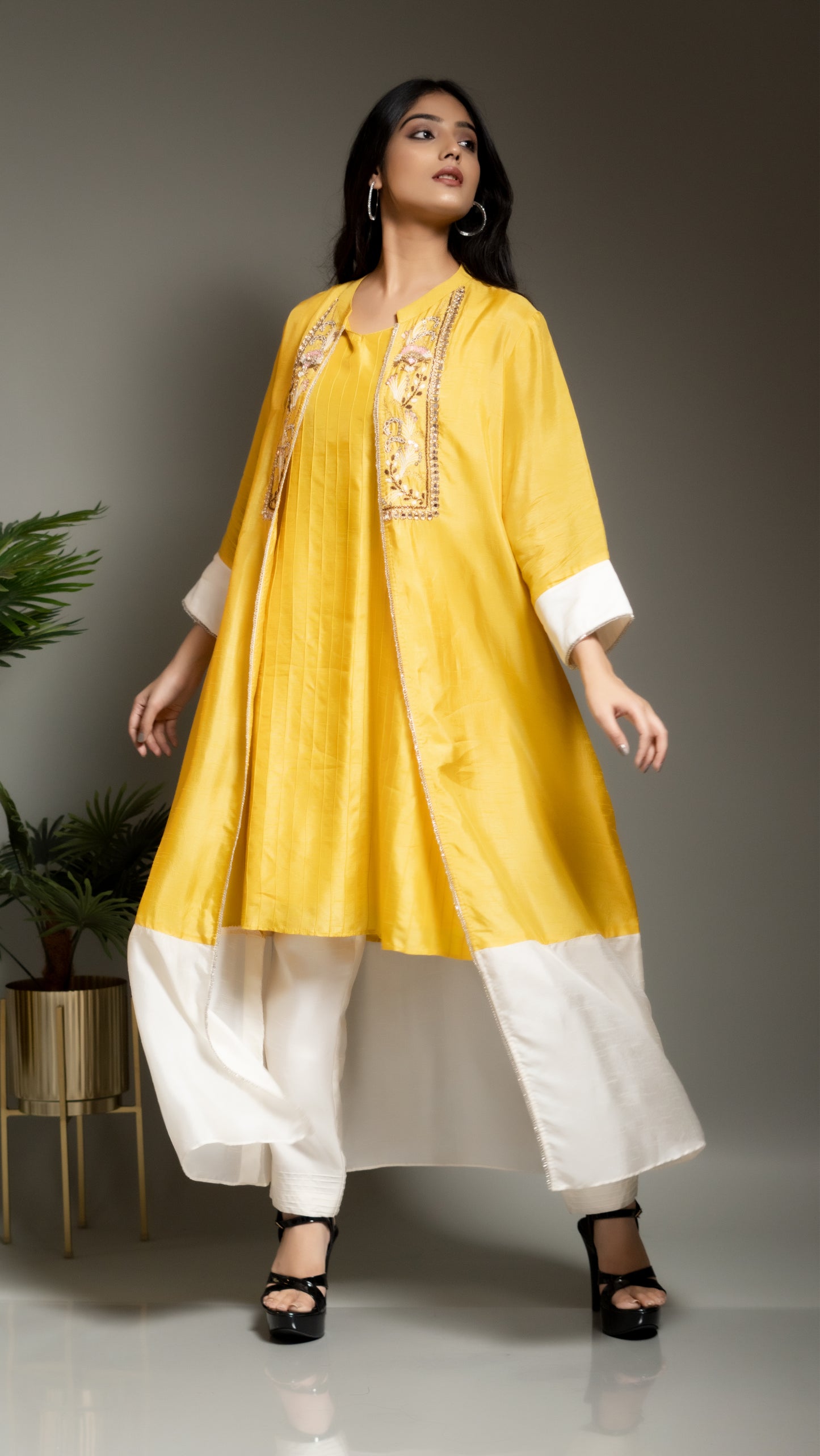 YELLOW EMBROIDERED JACKET WITH CONTRAST PANTS