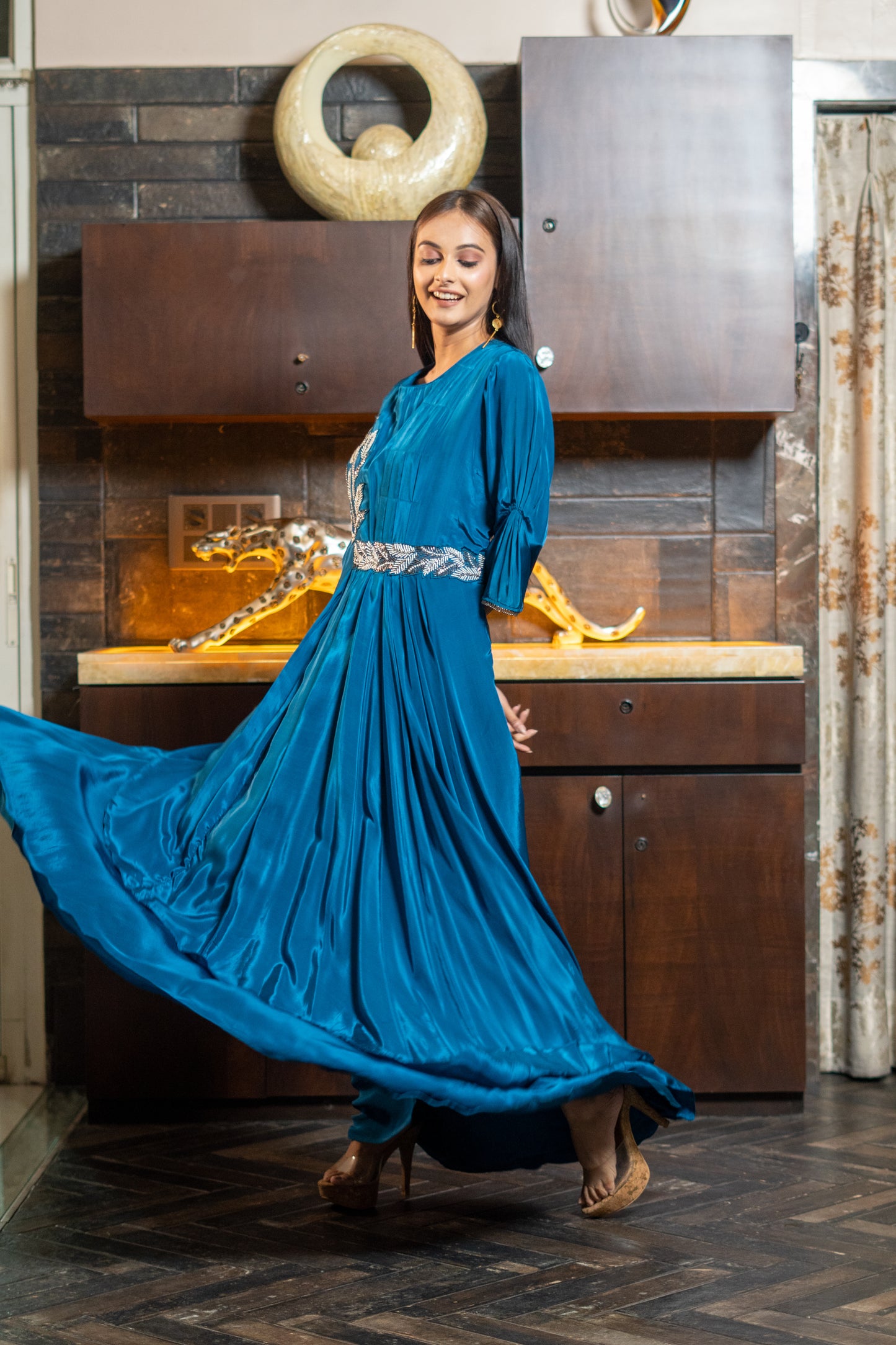 LONG STYLISH DRAPED INDOWESTERN DRESS