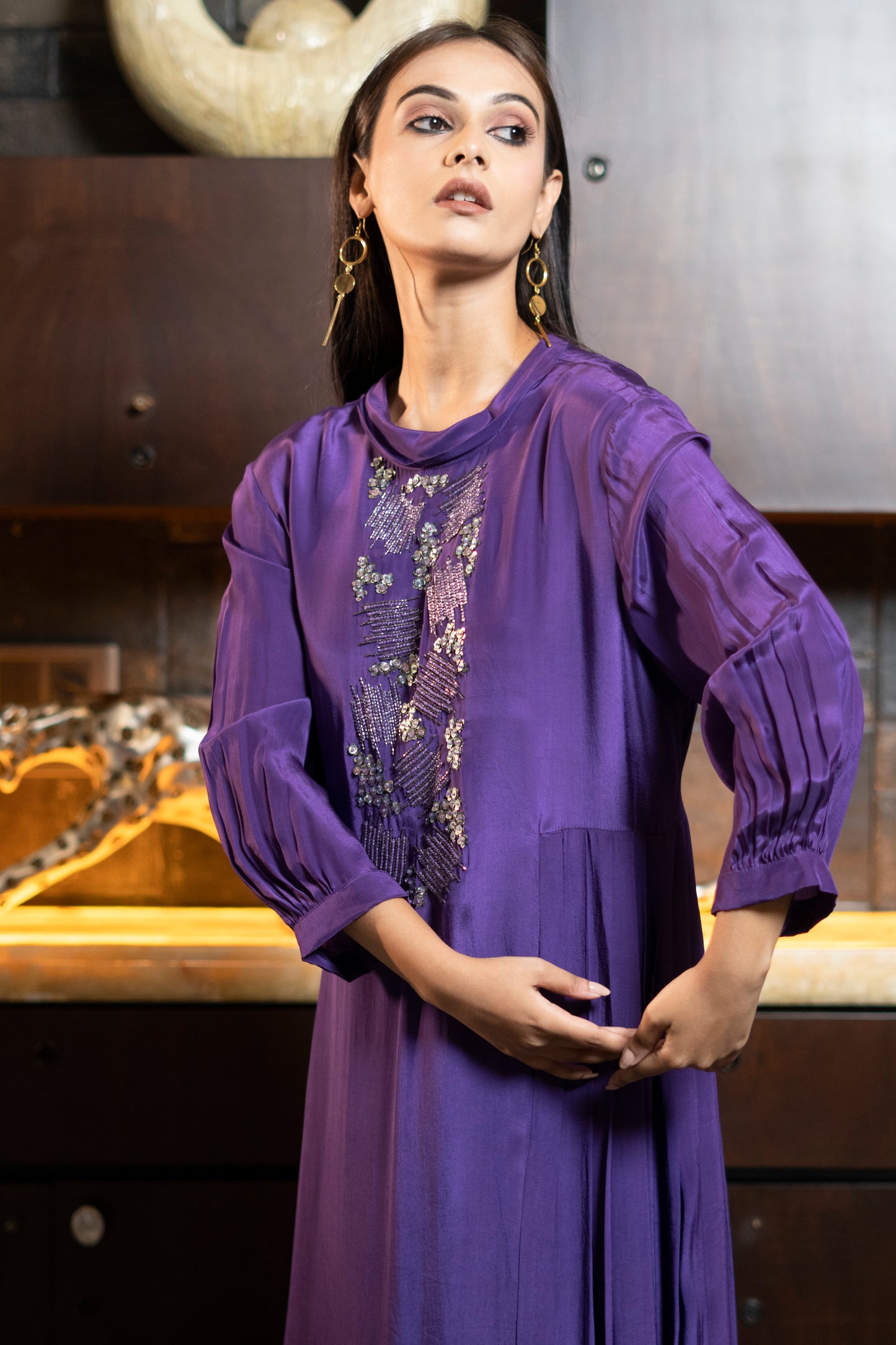LONG STYLISH INDOWESTERN DRESS WITH ONESIDE PLEATS