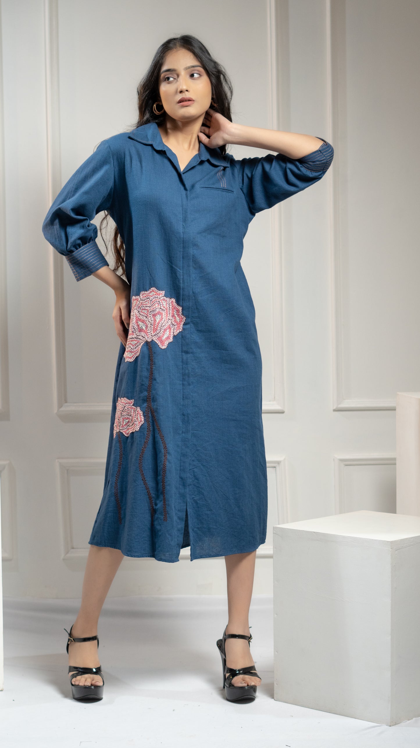 DRESS WITH FLORAL KATHA EMBROIDERY