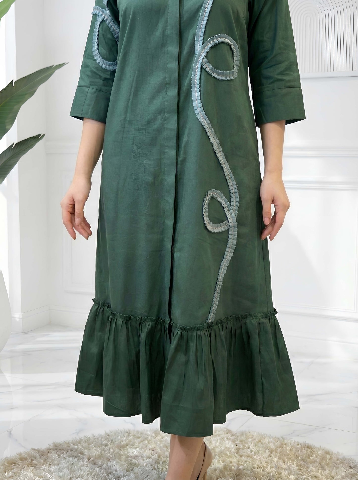 GREEN FRILL POPLIN DRESS