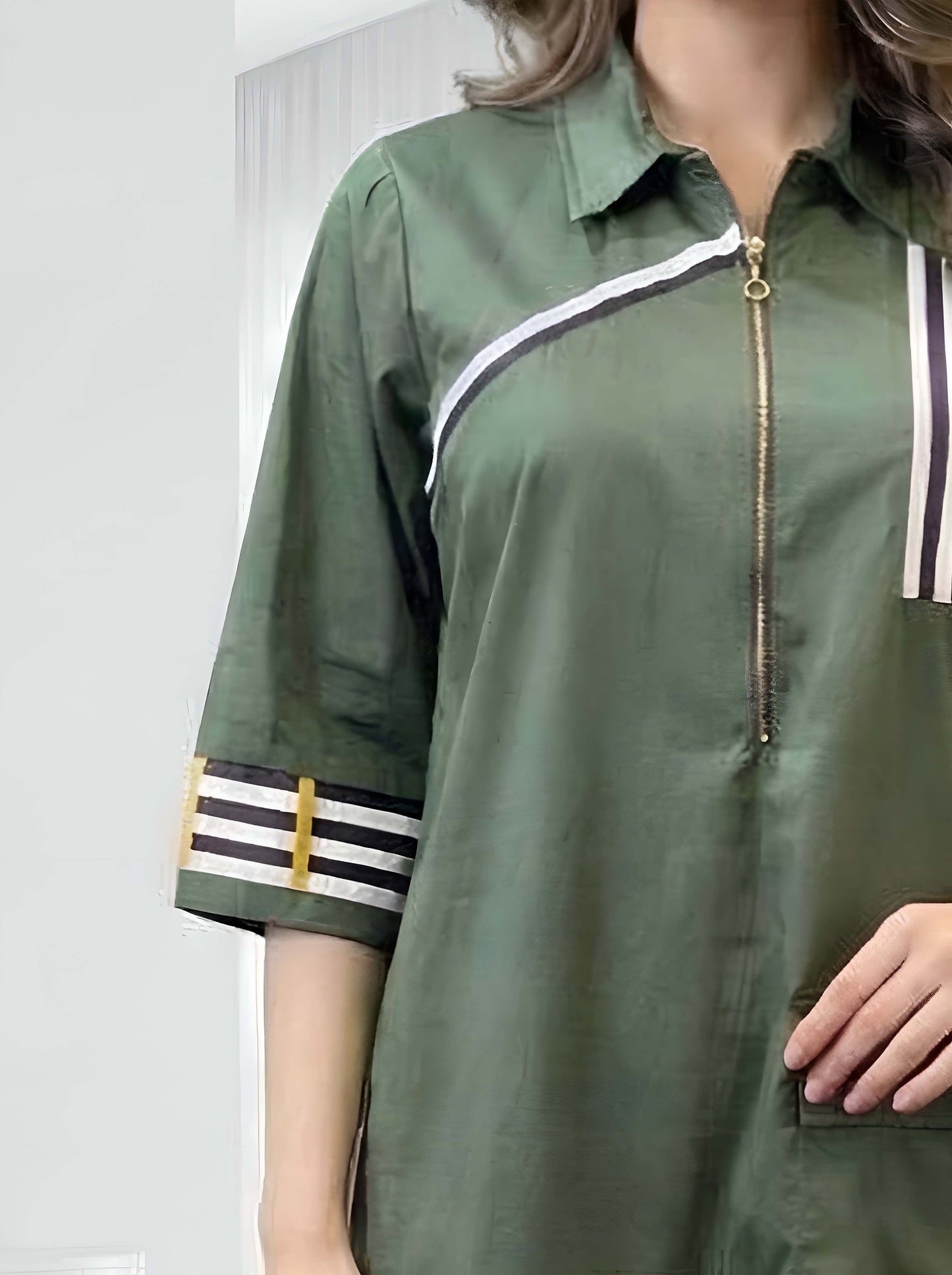 GREEN STRIPE POPLIN DRESS