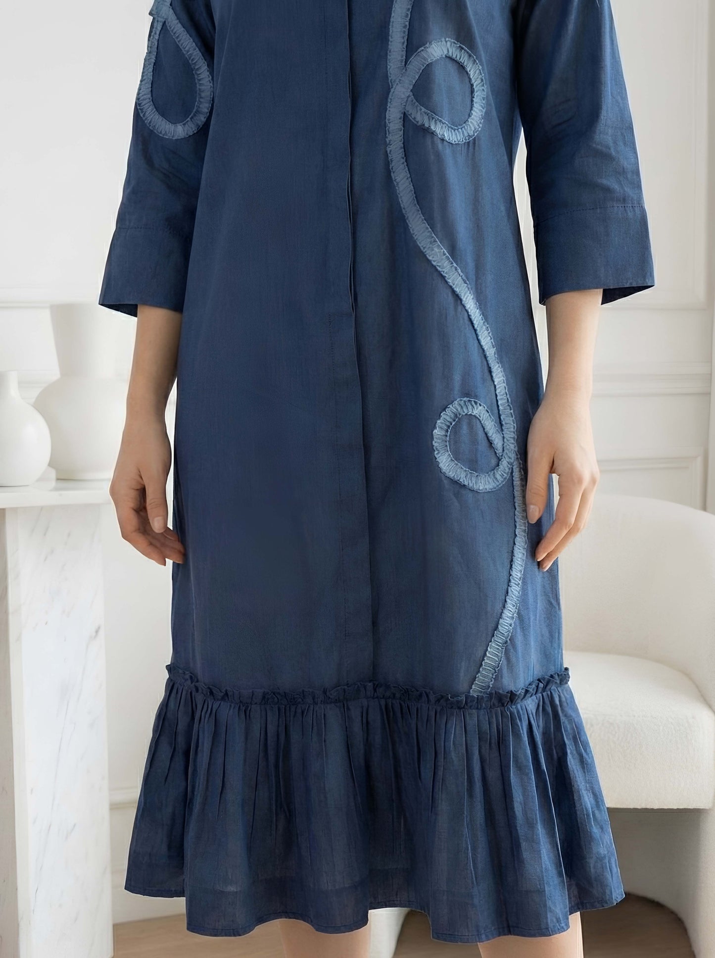 BLUE FRILL POPLIN DRESS