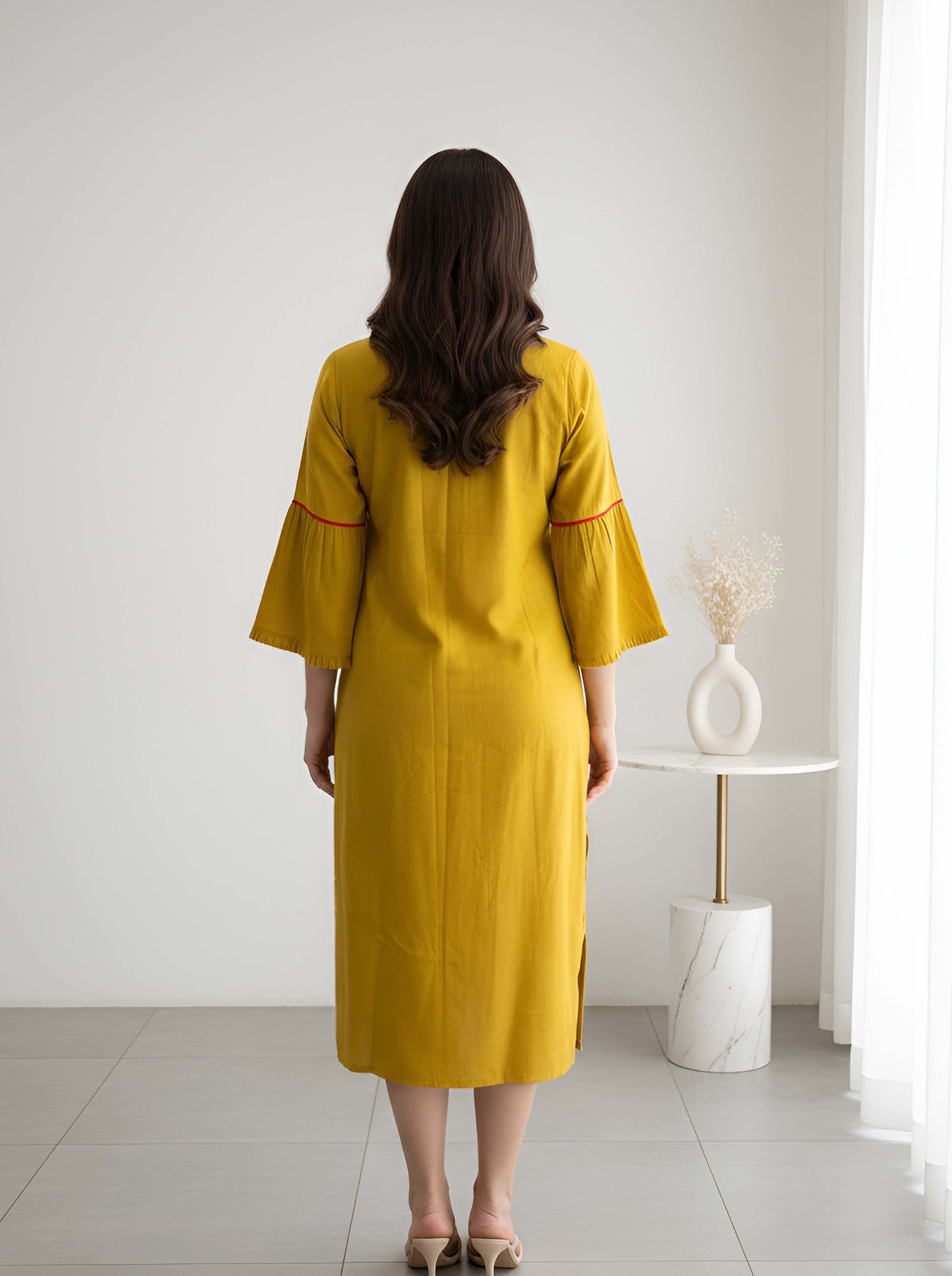 YELLOW MACHINE EMBROIDED STRAIGHT CUT TUNIC