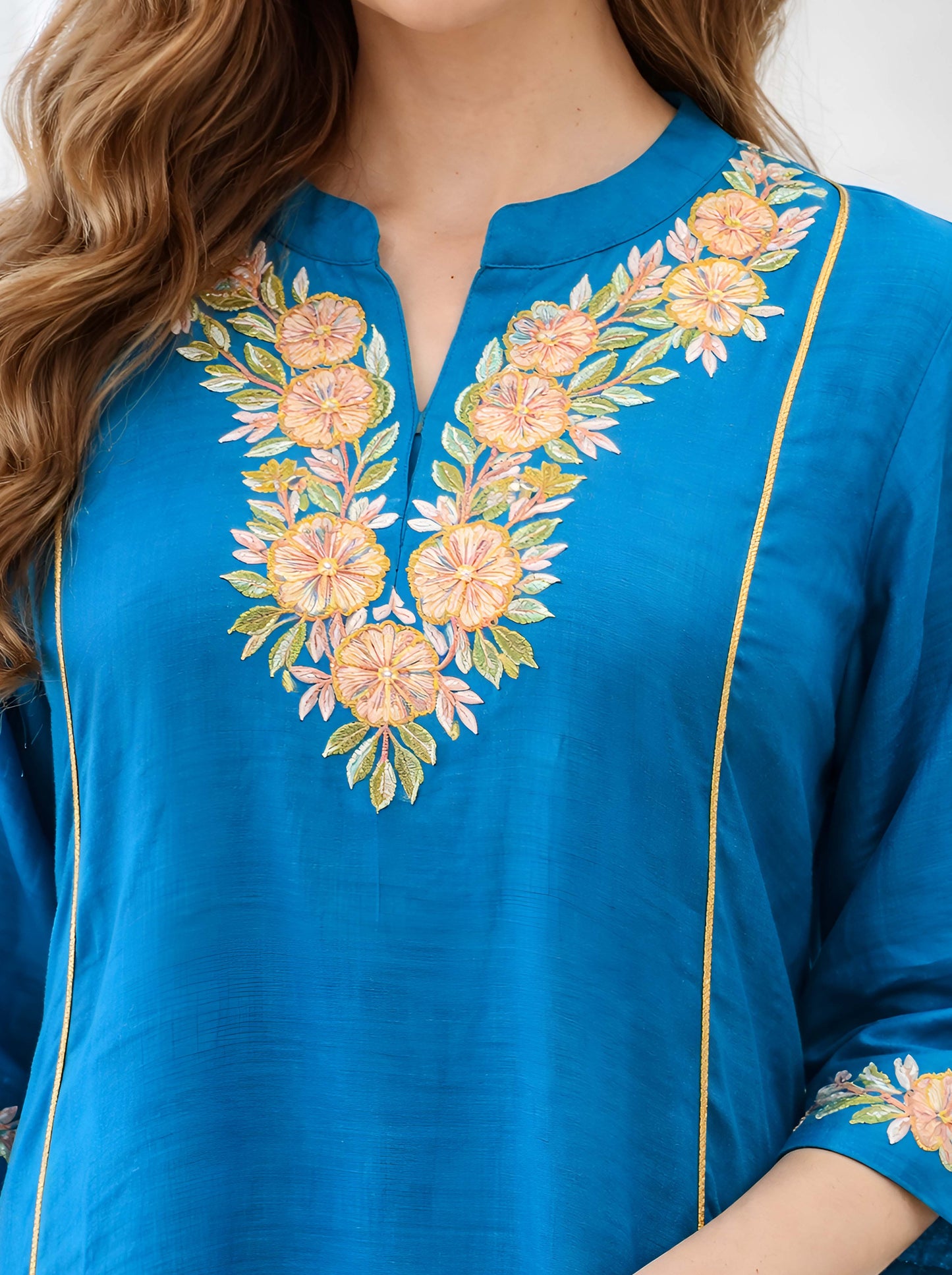 BLUE TAIL CUT TUNIC WITH MACHINE EMBROIDERY NECKLINE