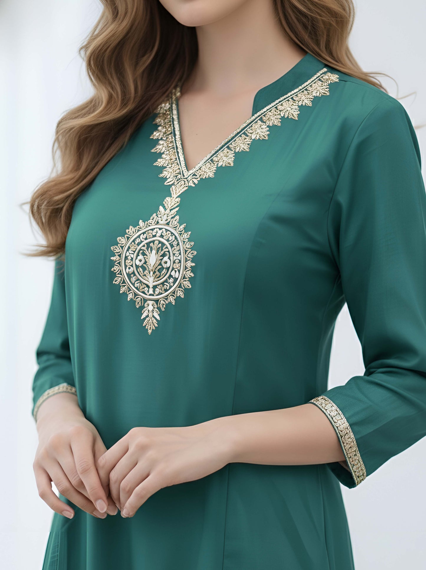 GREEN TAIL CUT TUNIC WITH EMBROIDED NECKLINE