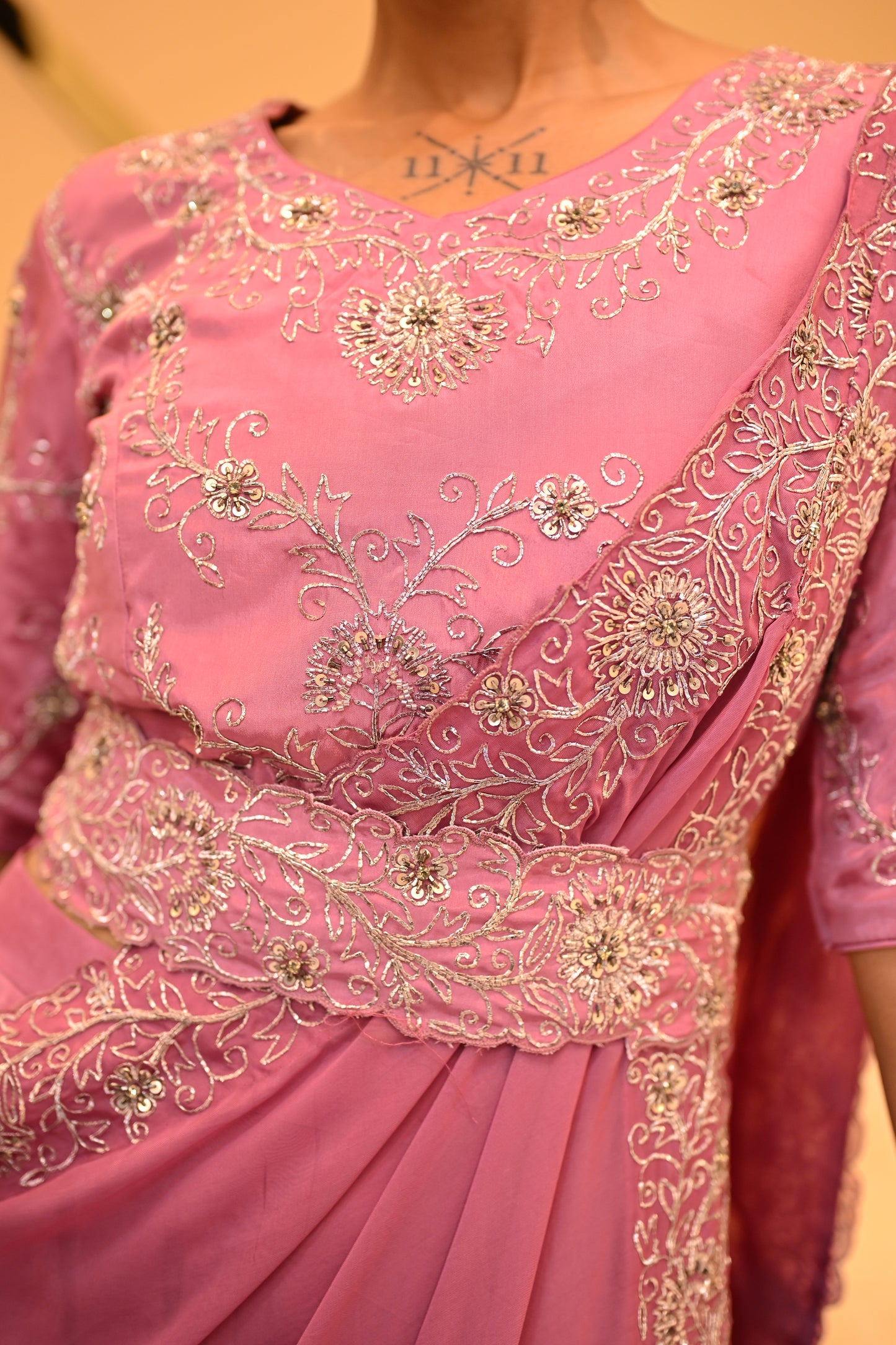 SALMON PINK DRAPE SAREE WITH BELT