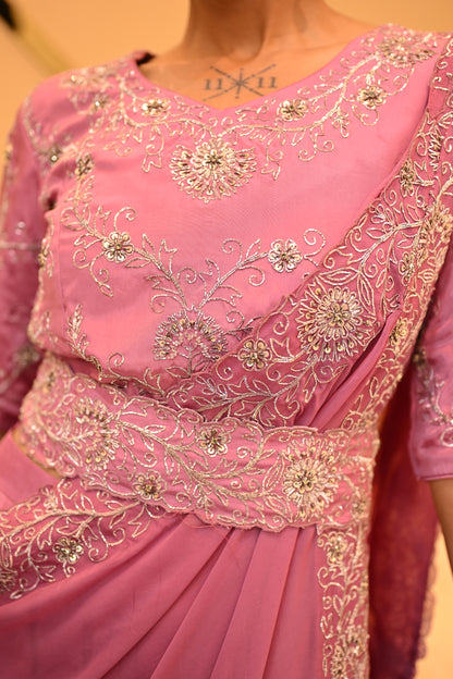 SALMON PINK DRAPE SAREE WITH BELT