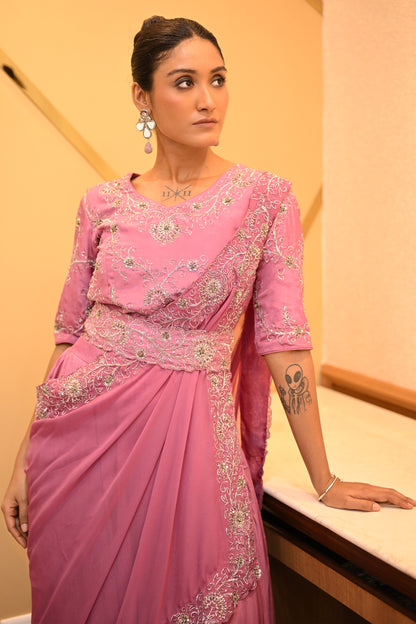 SALMON PINK DRAPE SAREE WITH BELT
