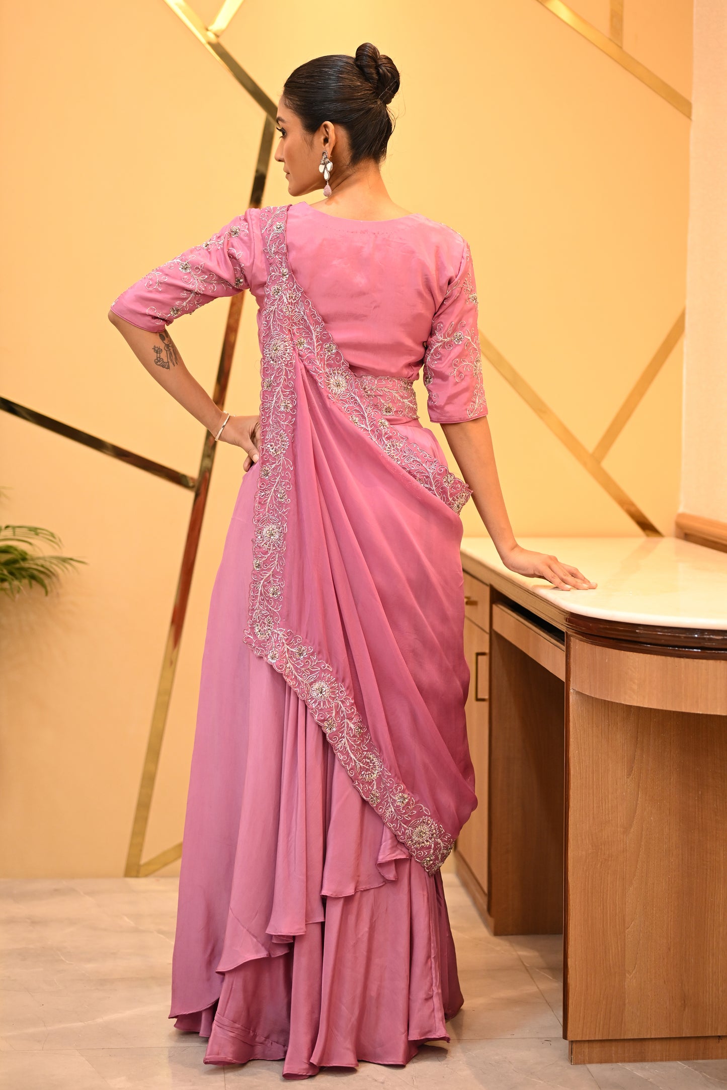 SALMON PINK DRAPE SAREE WITH BELT