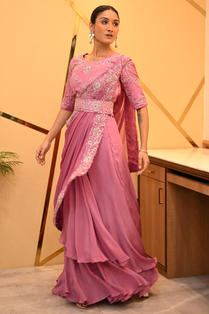 SALMON PINK DRAPE SAREE WITH BELT