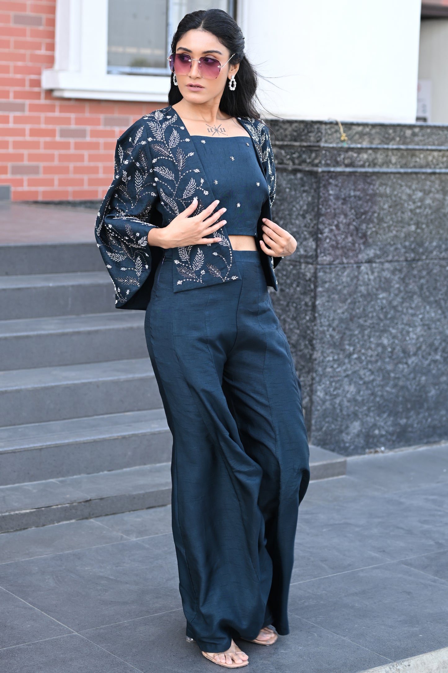 CAPE SLEEVES OPEN JACKET WITH CORDSET