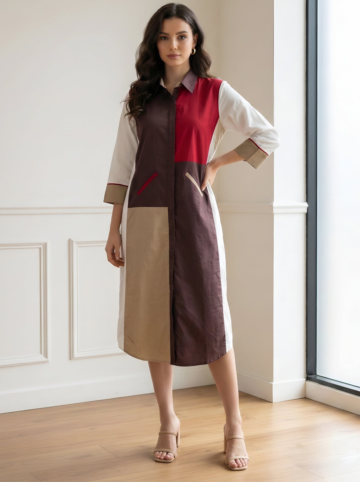 BROWN COLOUR BLOCKING DRESS