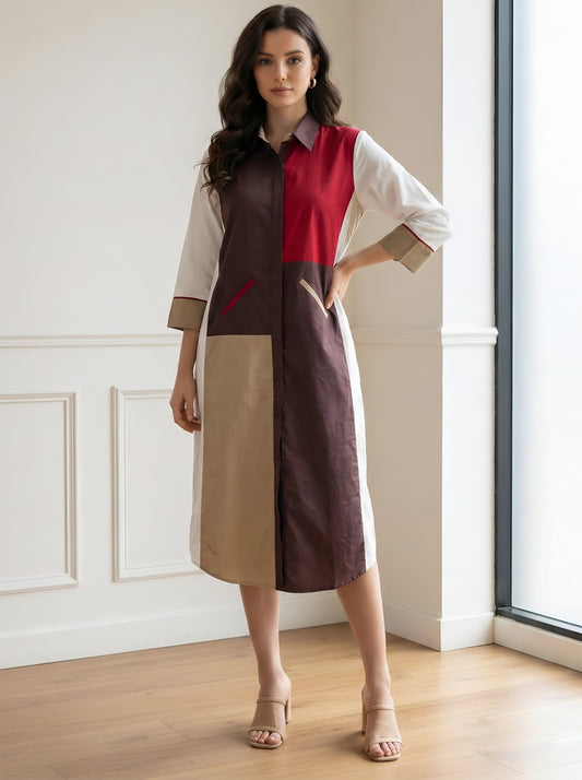BROWN COLOUR BLOCKING DRESS