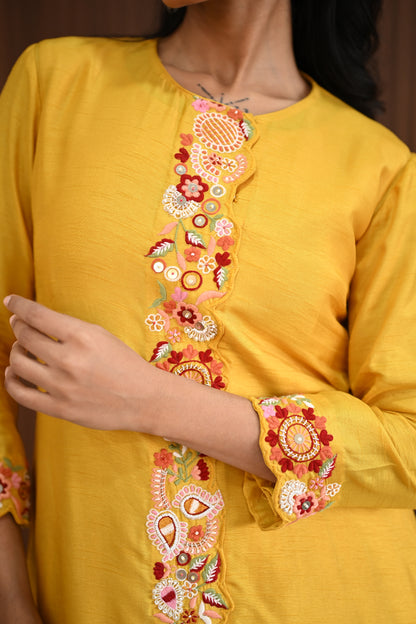 YELLOW FLORAL EMBROIDERED KURTA SET