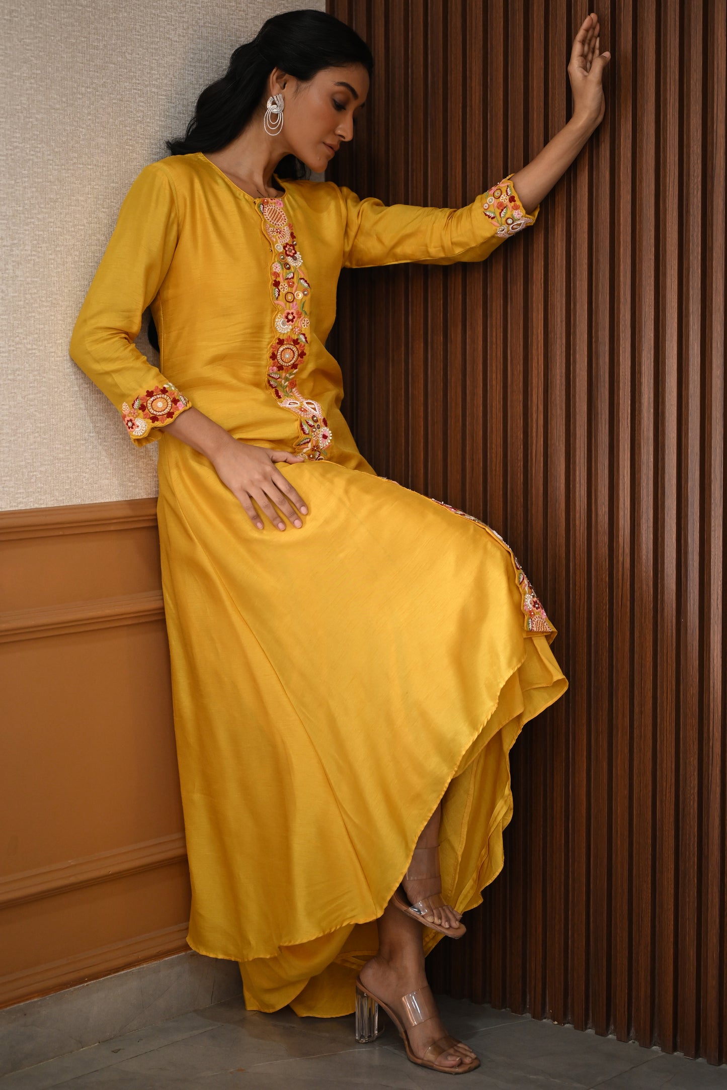 YELLOW FLORAL EMBROIDERED KURTA SET