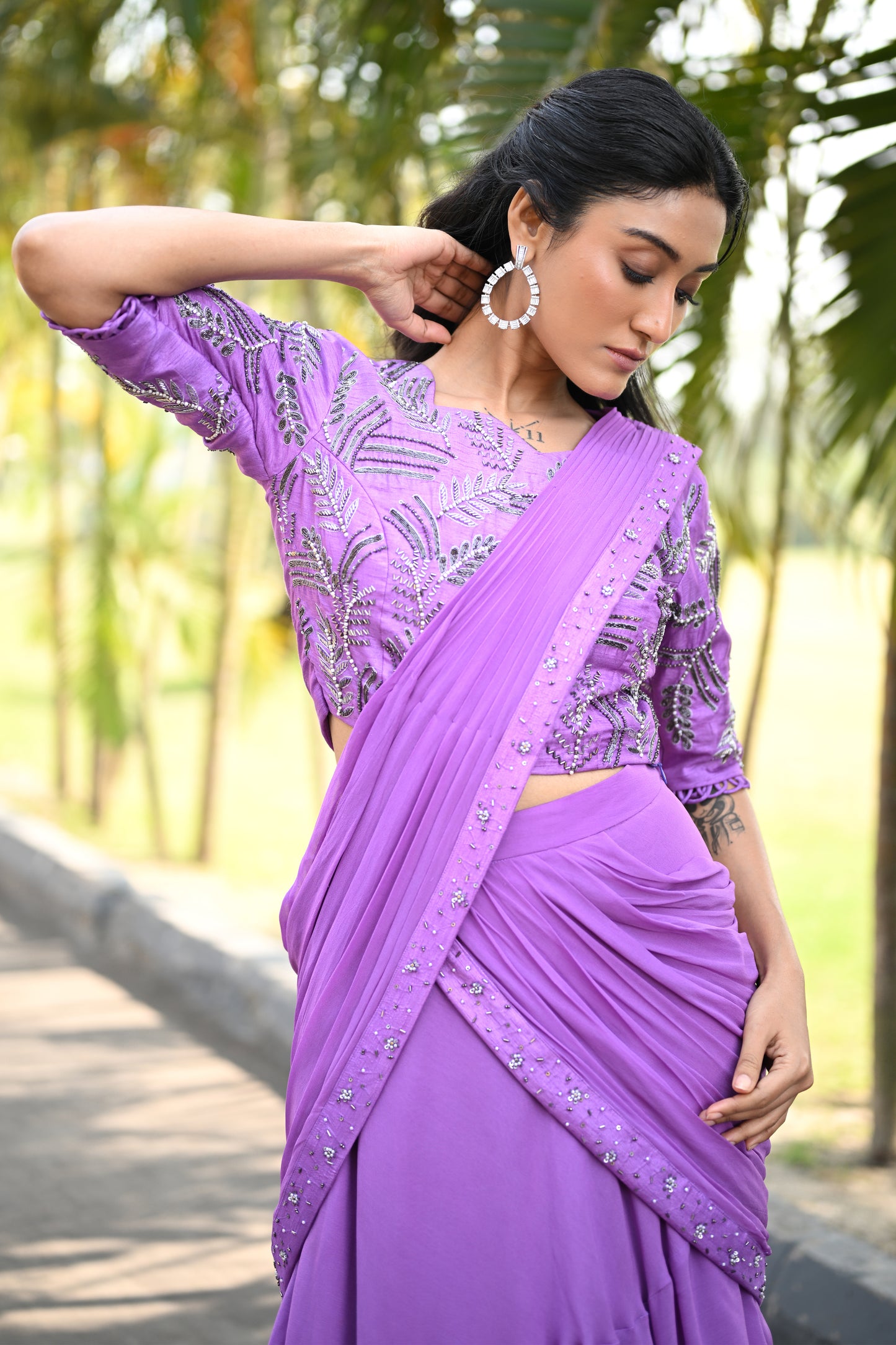EMBROIDERED LAVENDER DRAPE SAREE