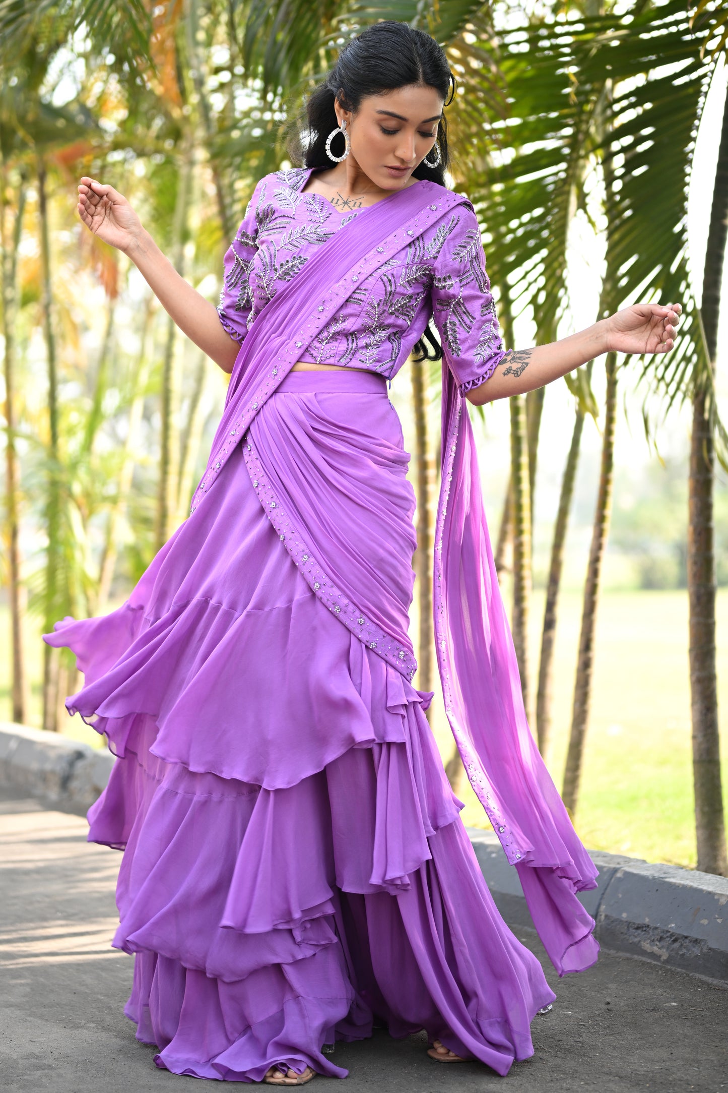 EMBROIDERED LAVENDER DRAPE SAREE