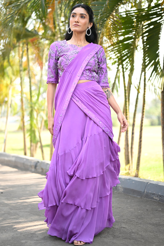 EMBROIDERED LAVENDER DRAPE SAREE