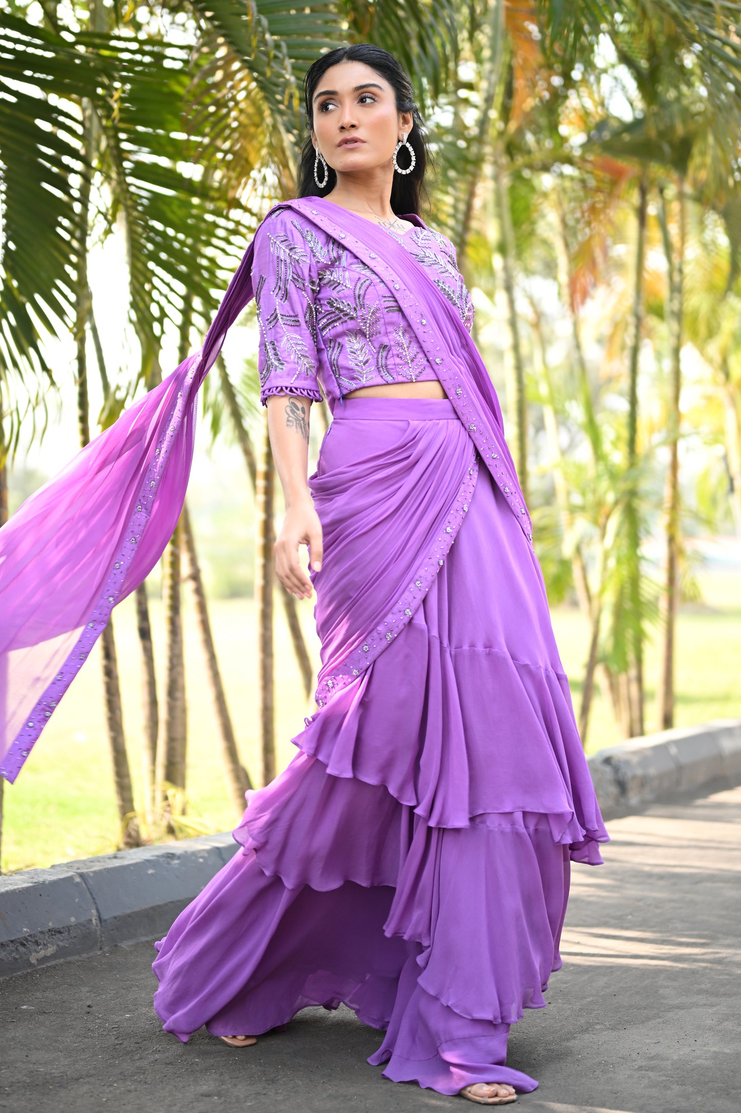 EMBROIDERED LAVENDER DRAPE SAREE