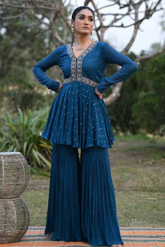 BLUE PEPLUM SHARARA SET