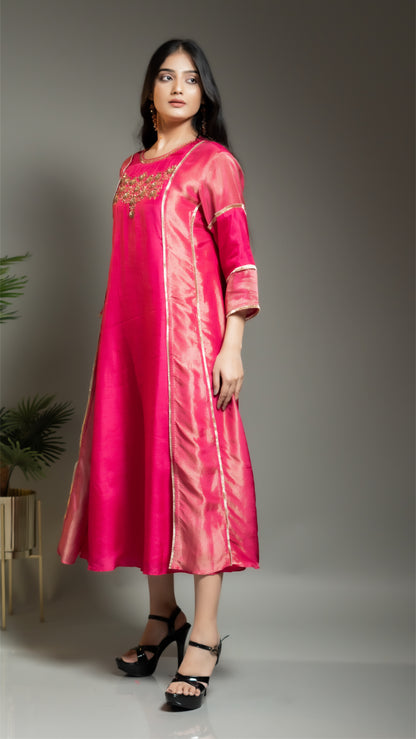 FUSCHIA PINK TISSUE AND SILK A LINE KURTA