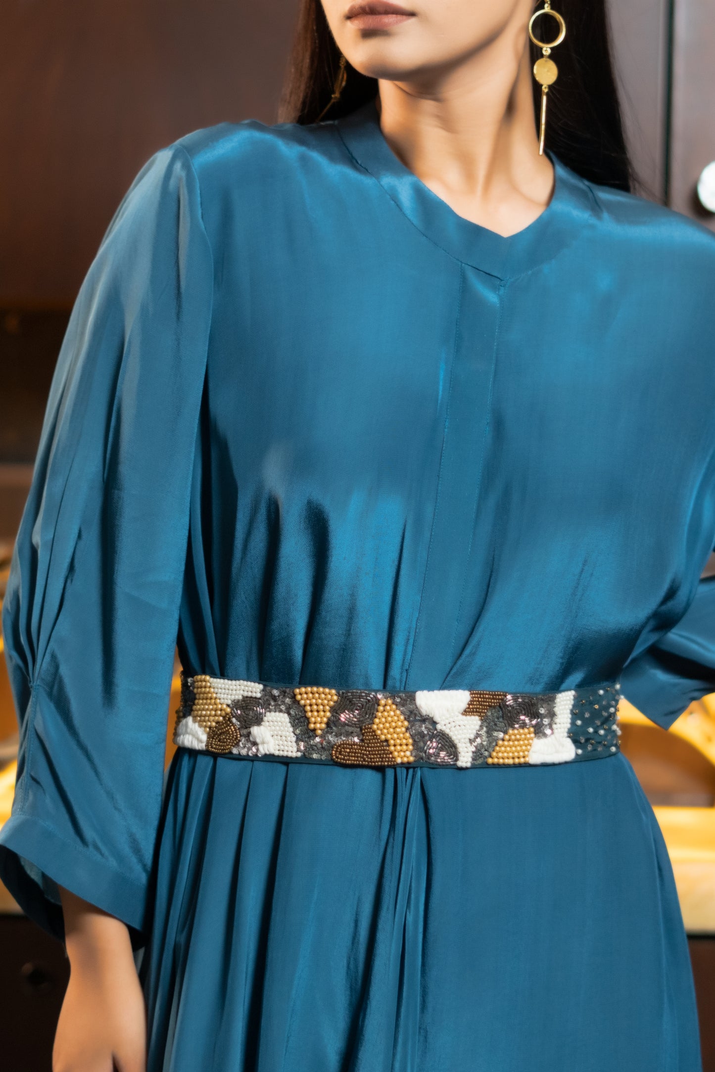 LONG DRAPED DRESS WITH BELT