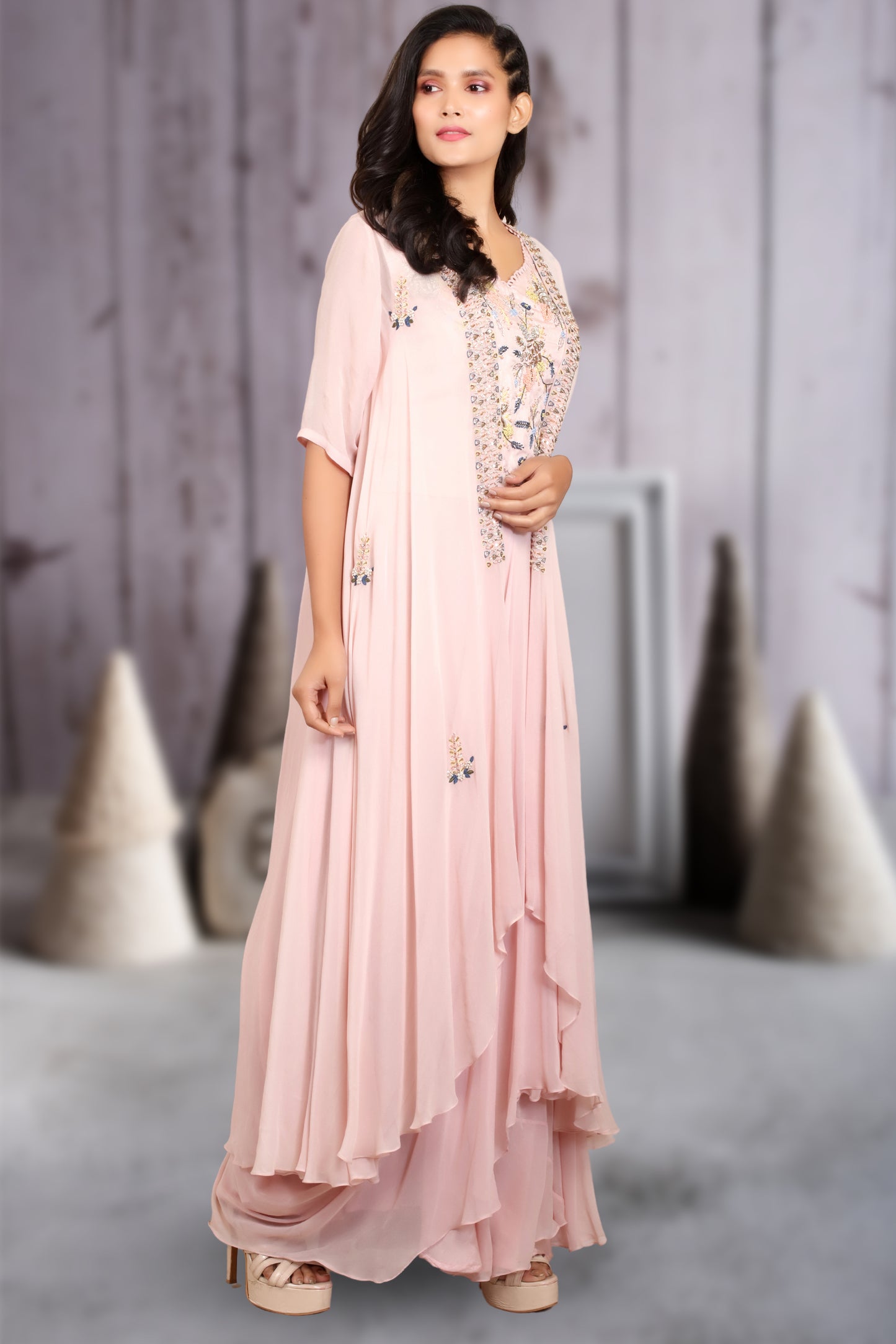 SLEEVE JACKET WITH DRAPED SKIRT