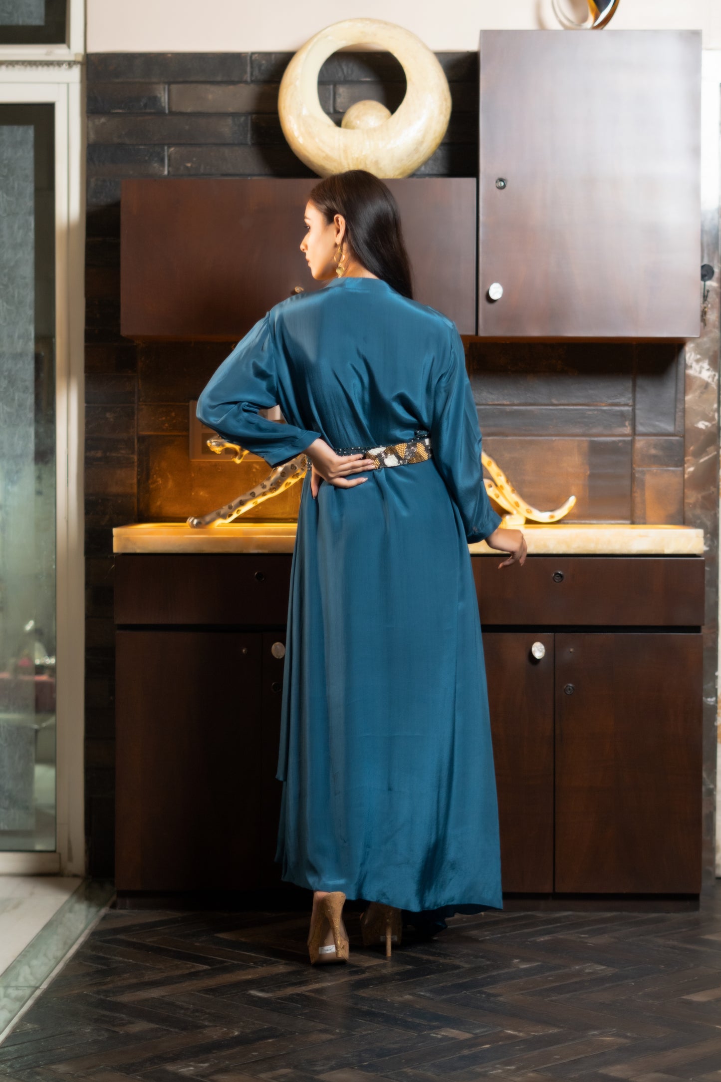 LONG DRAPED DRESS WITH BELT