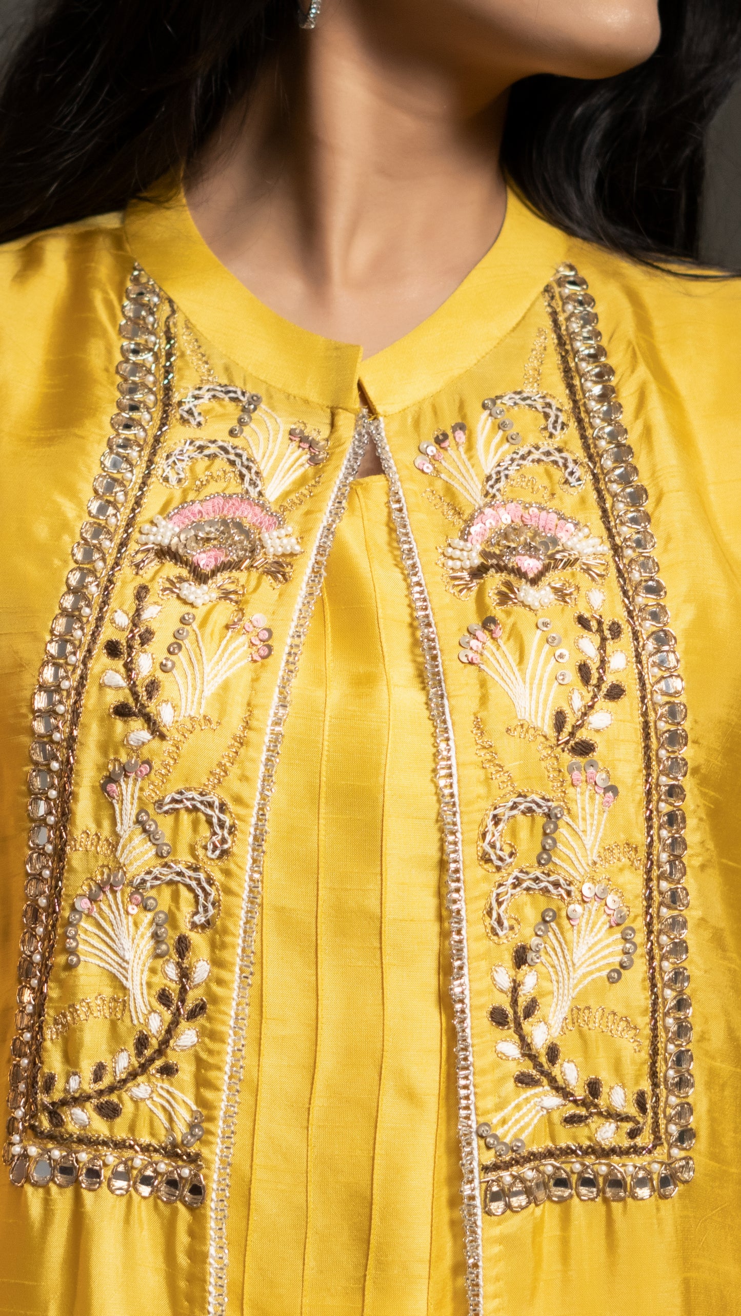 YELLOW EMBROIDERED JACKET WITH CONTRAST PANTS