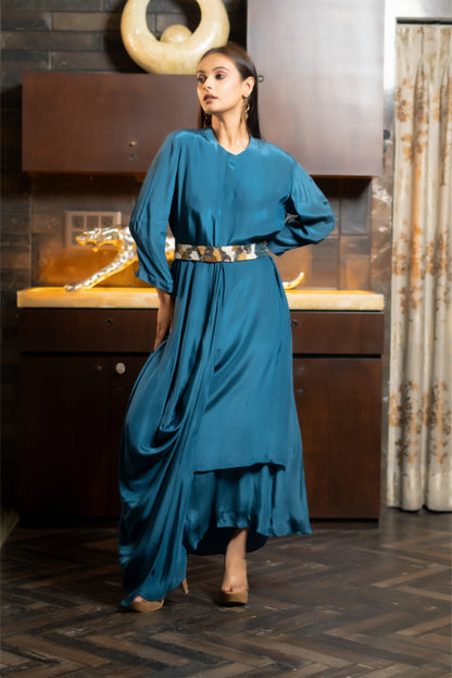 LONG DRAPED DRESS WITH BELT