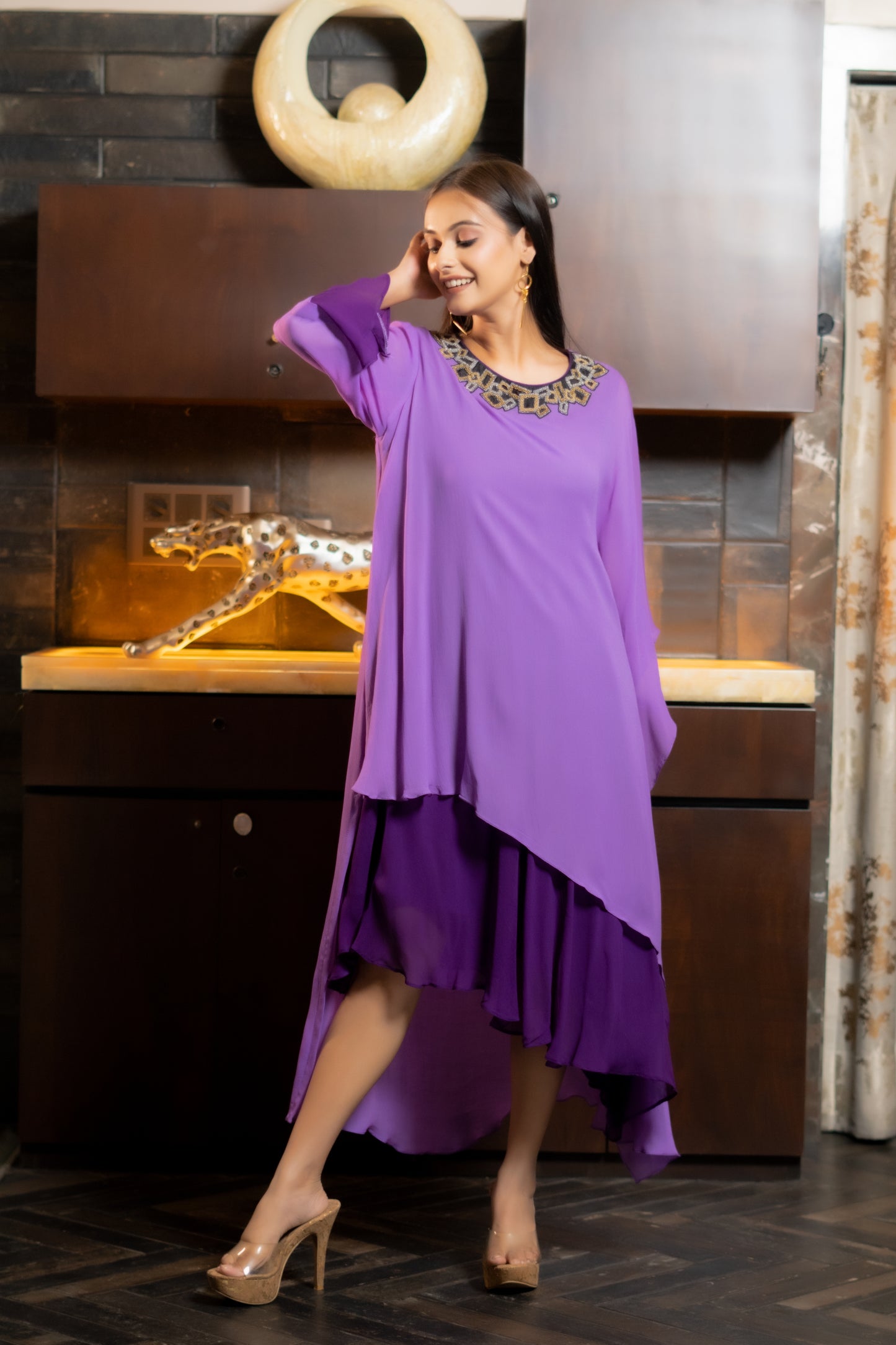 DOUBLE LAYERED  DRESS  WITH ONESIDE KAFTAN
