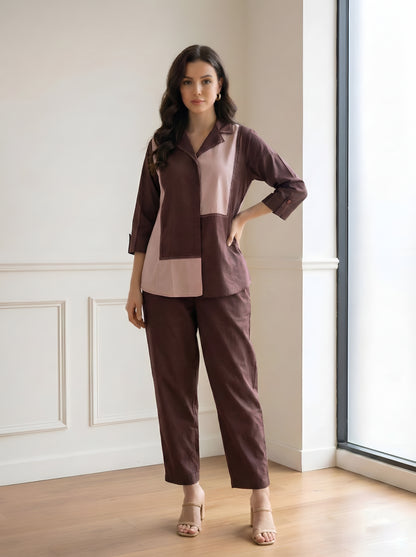 BROWN COLOUR BLOCKING CORDSET