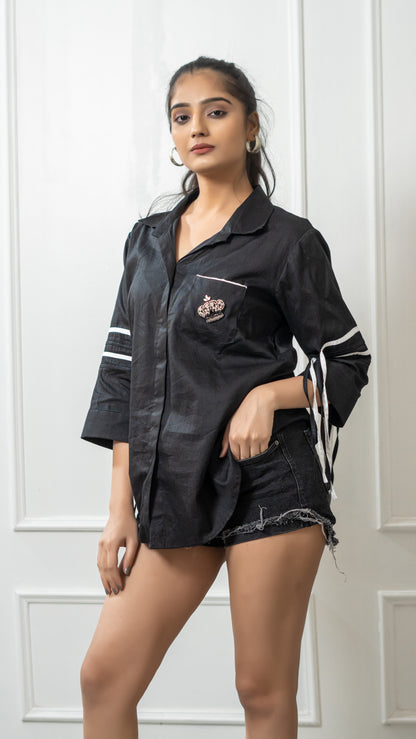 BLACK COTTON CROWN MOTIF SHIRT