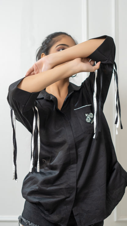 BLACK COTTON CROWN MOTIF SHIRT