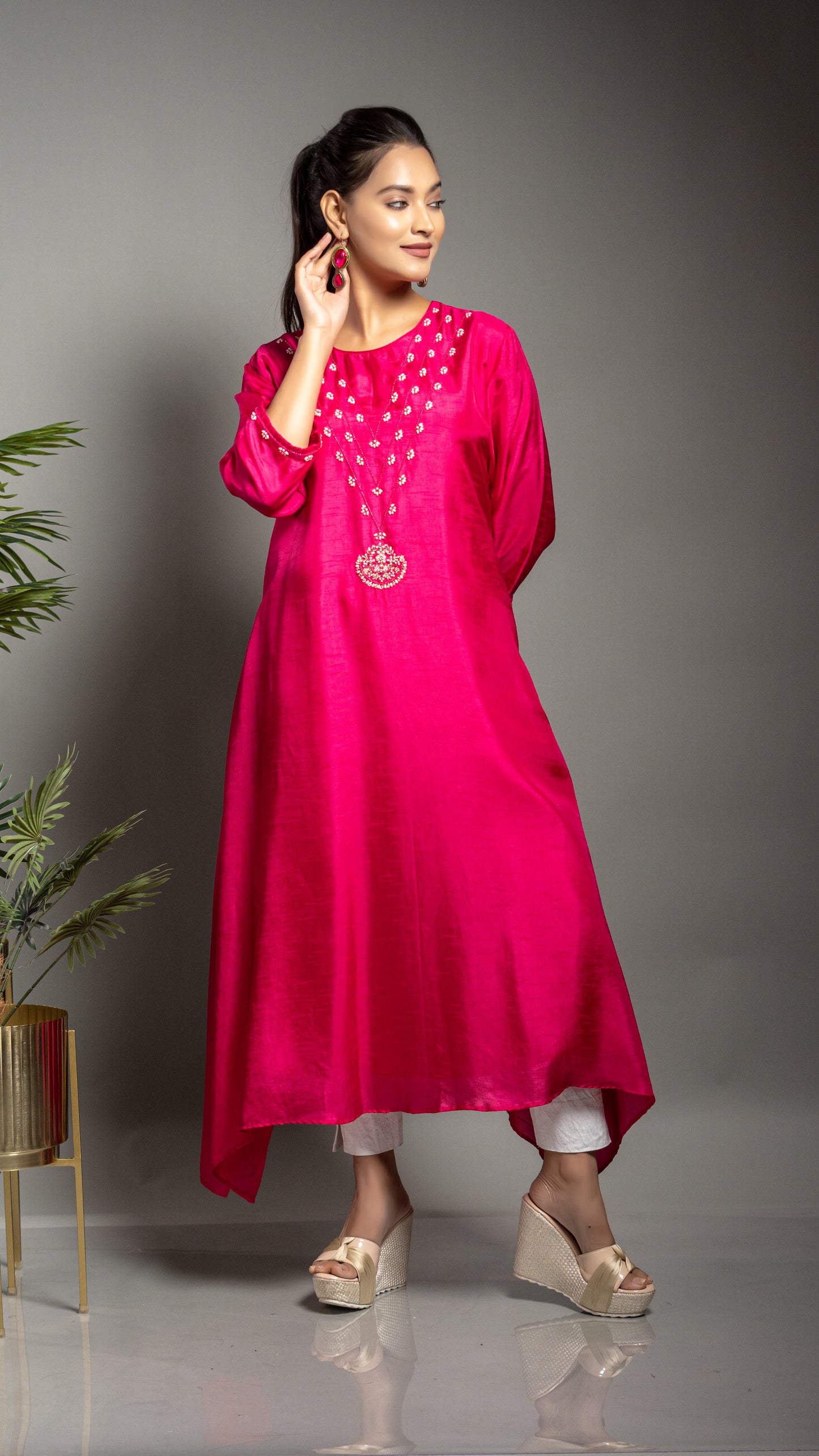 FUCHSIA PINK A LINE TAIL CUT KURTA