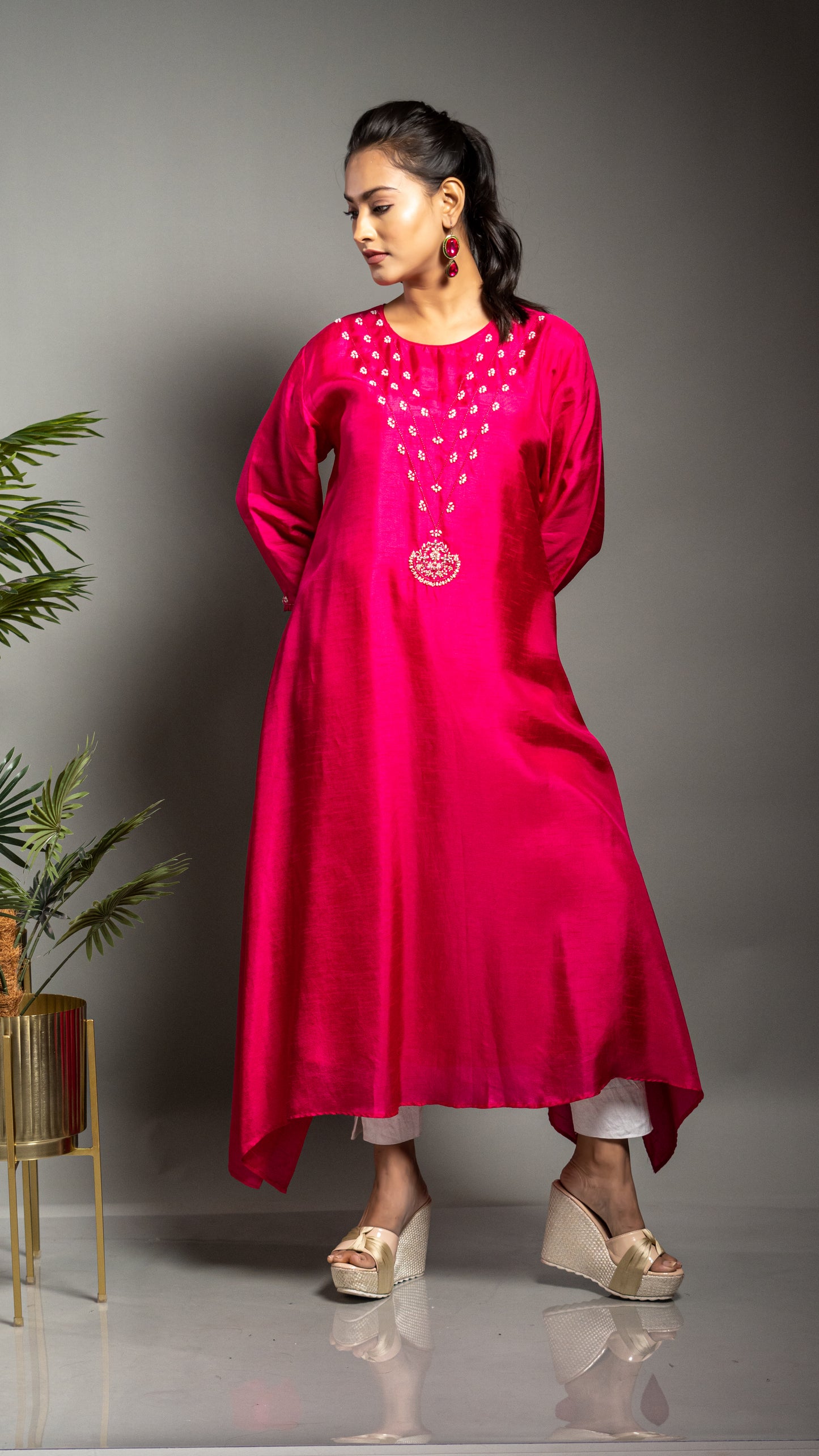 FUCHSIA PINK A LINE TAIL CUT KURTA