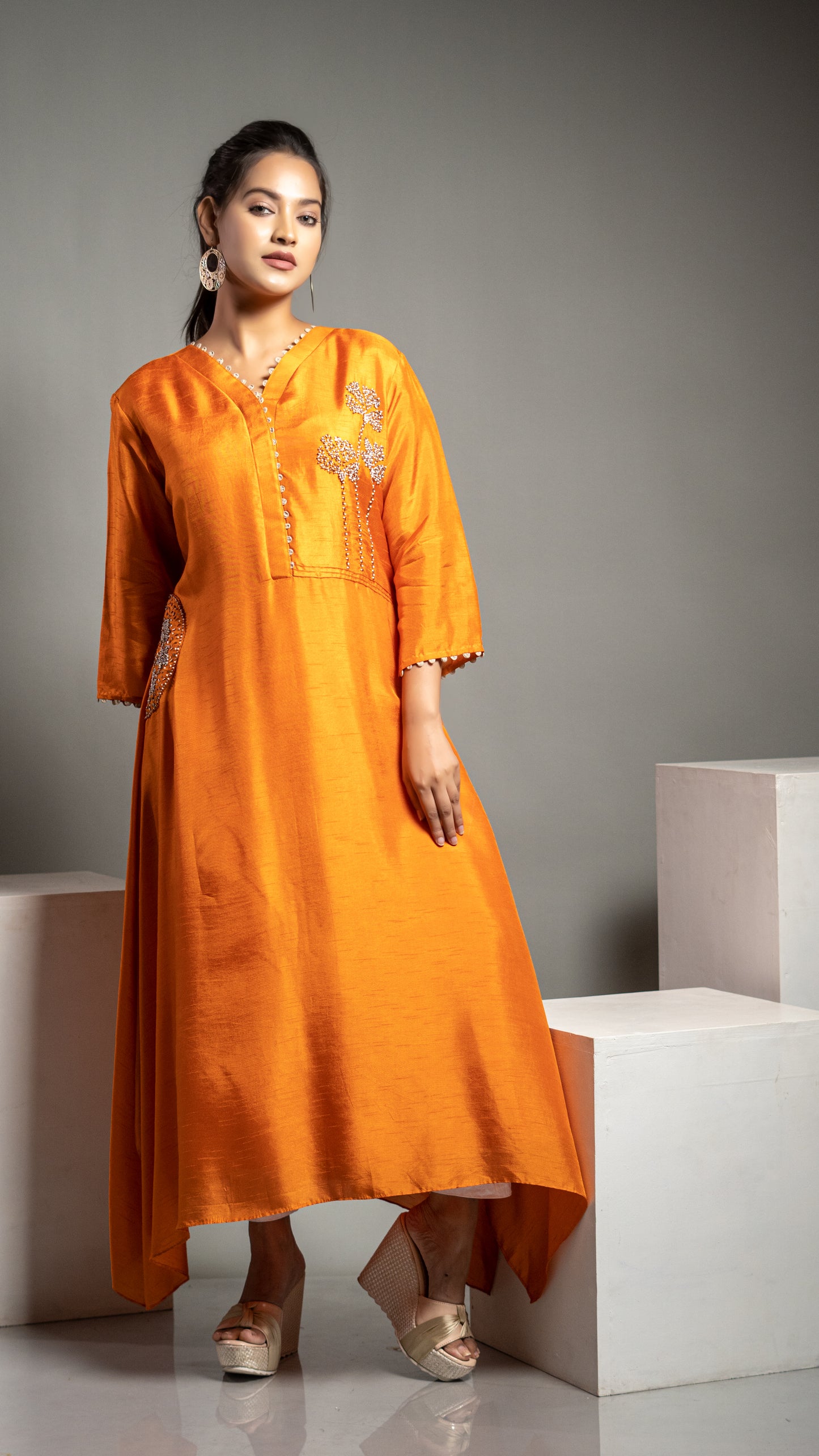 TANGERINE KURTA WITH HAND WORK