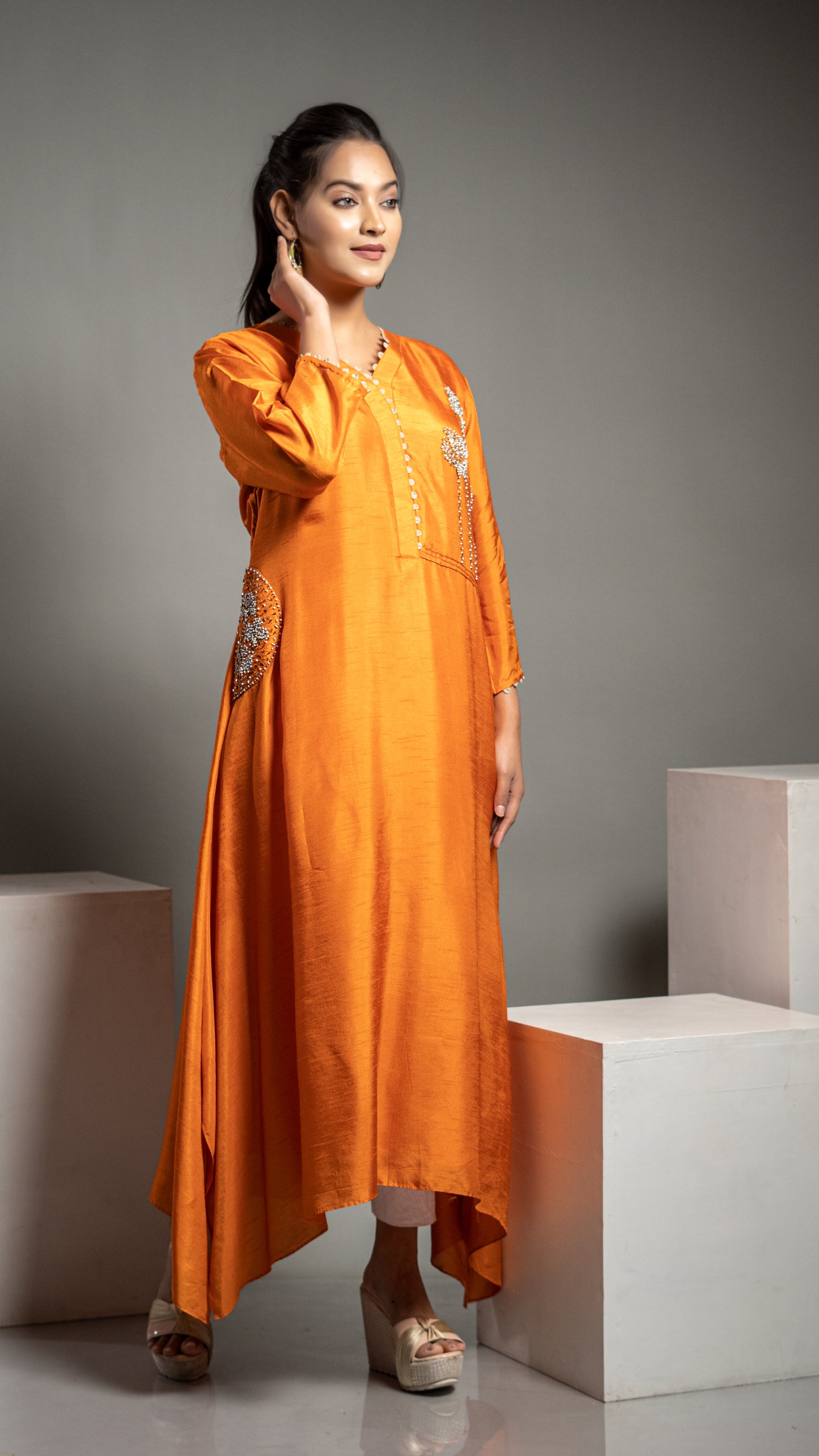 TANGERINE KURTA WITH HAND WORK